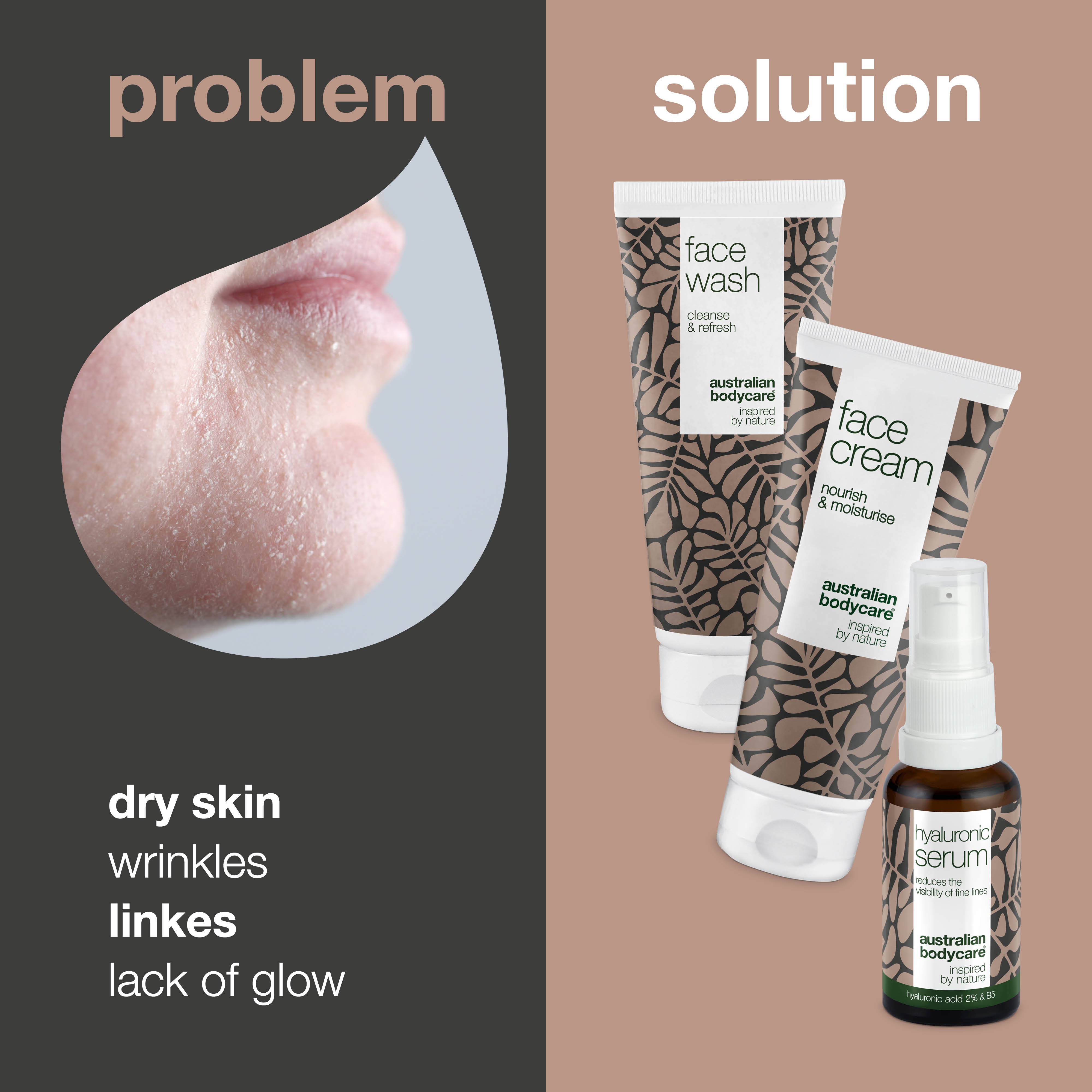 Set for itchy and very dry skin on the face — 3 moisturizing products: facial cleanser, Squalane Serum and cream