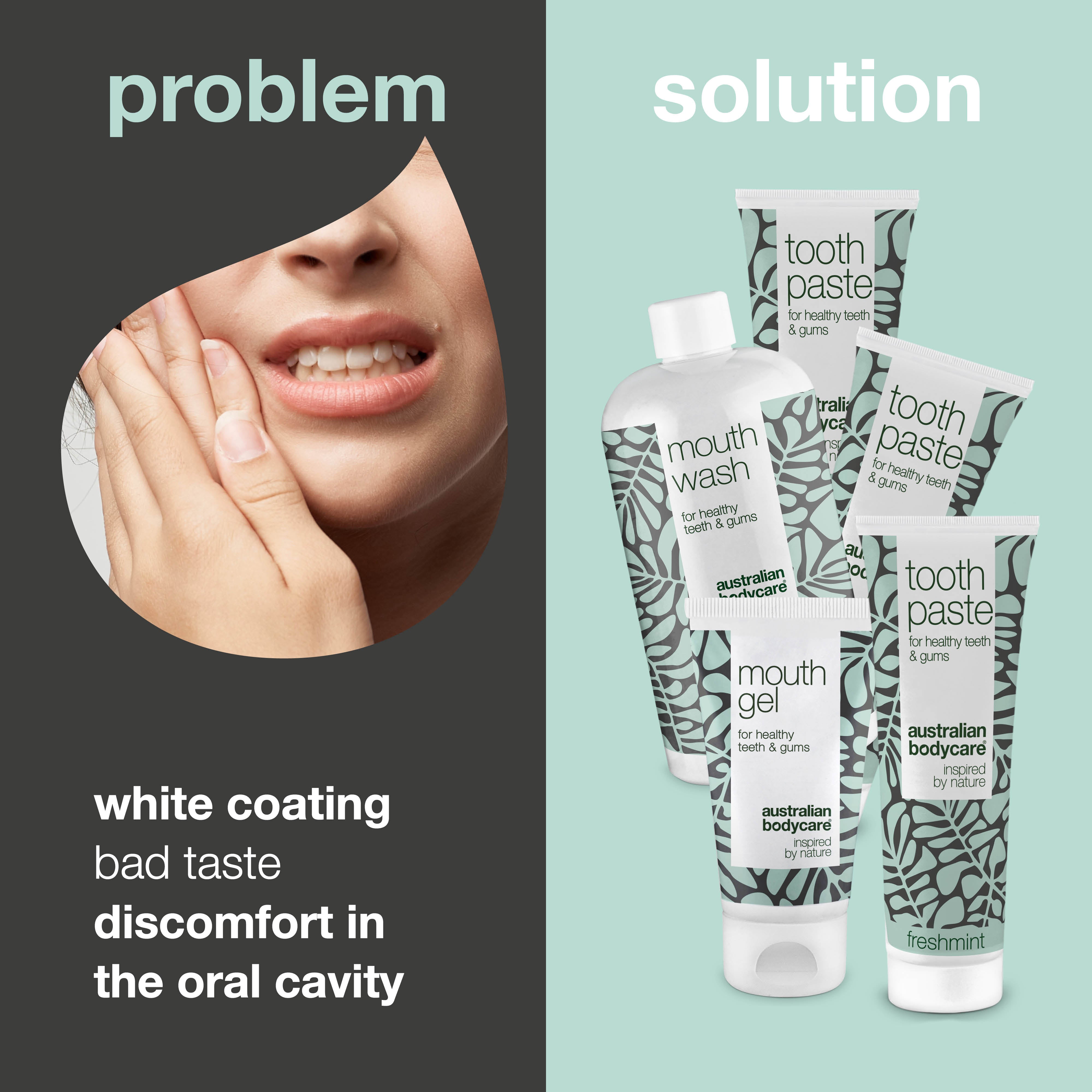 5–pack against white tongue — Tea Tree Oil oral products for the daily care of coated tongue, gums and teeth