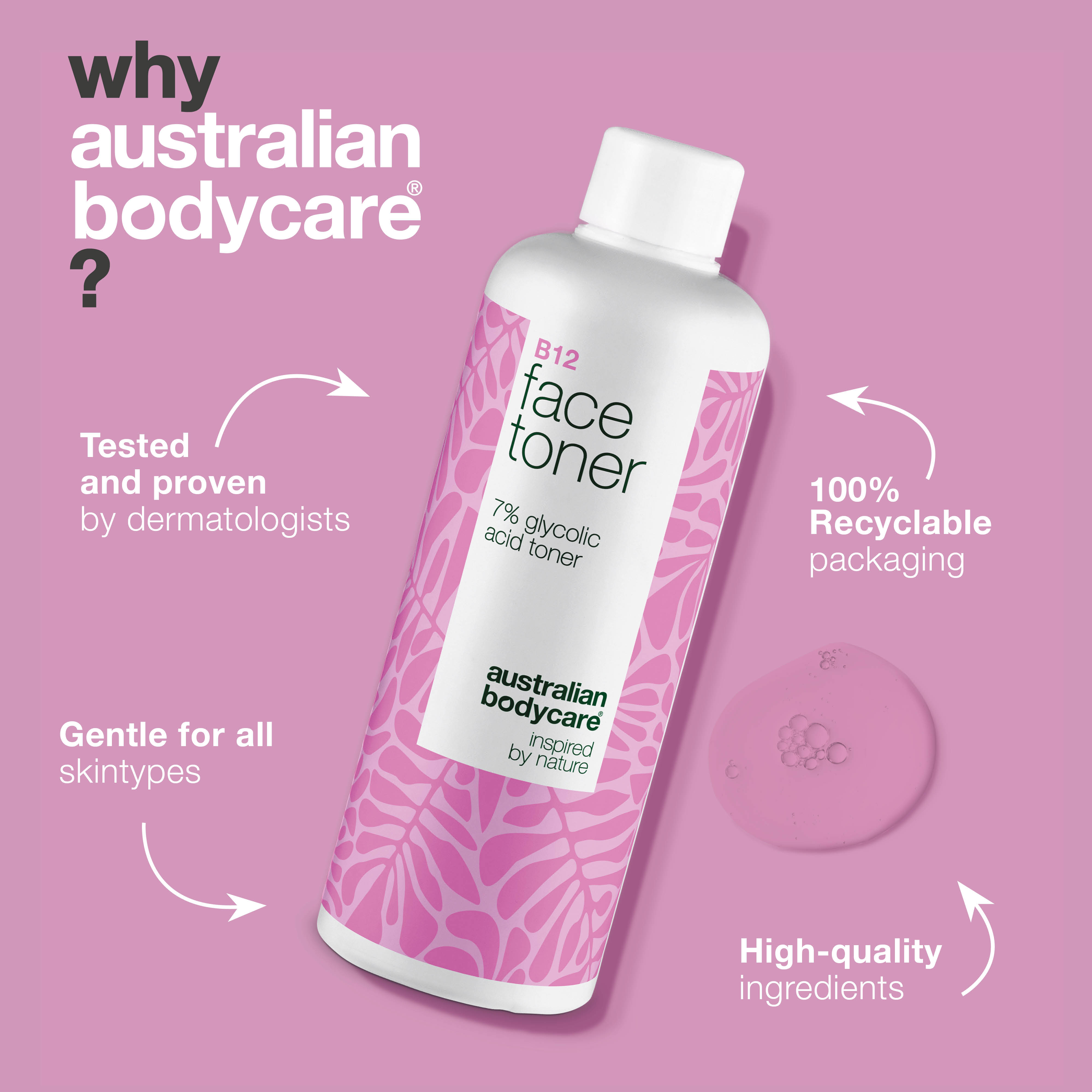 Face Toner with B12 and 7% Glycolic Acid for Smooth Skin — Exfoliating toner with B12 and 7% Glycolic Acid removes dead skin cells, boosts glow, and promotes an even complexion