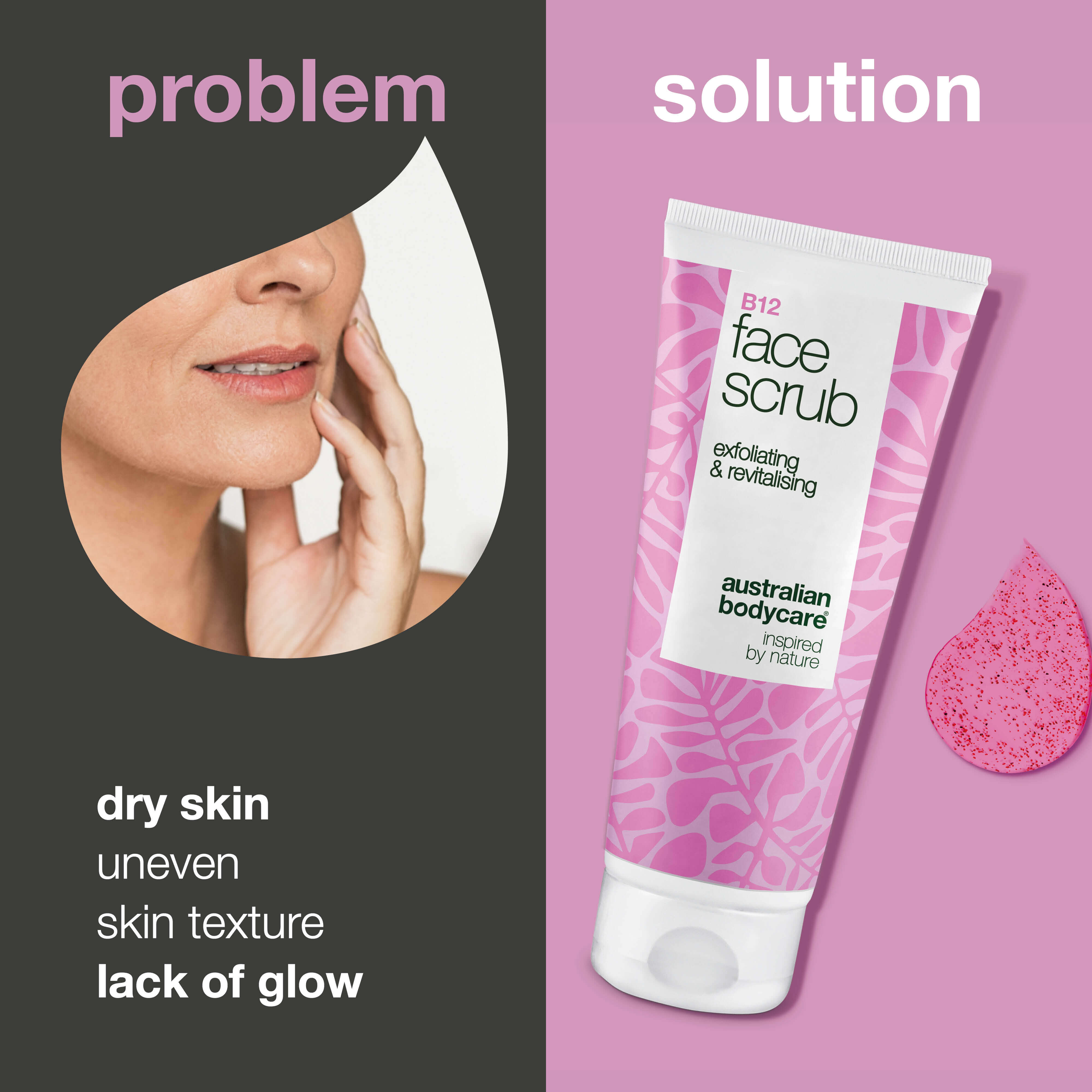 Face Scrub for dry and uneven skin. Cleanses and exfoliates with B12 vitamin, glycolic acid and apricot seeds for a softer, brighter and renewed complexion.