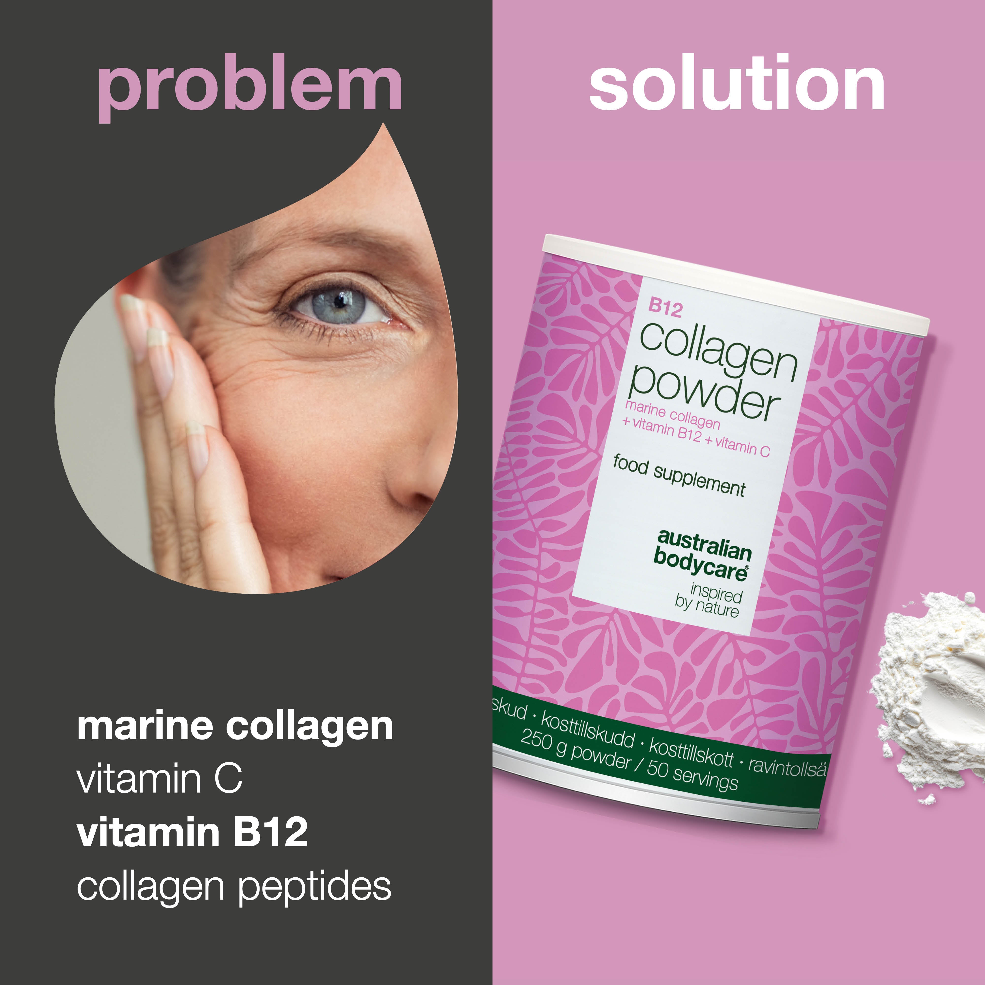 Collagen powder for daily support in food and drinks – ideal for your wellness routine. Contains marine collagen, vitamin C and vitamin B12.