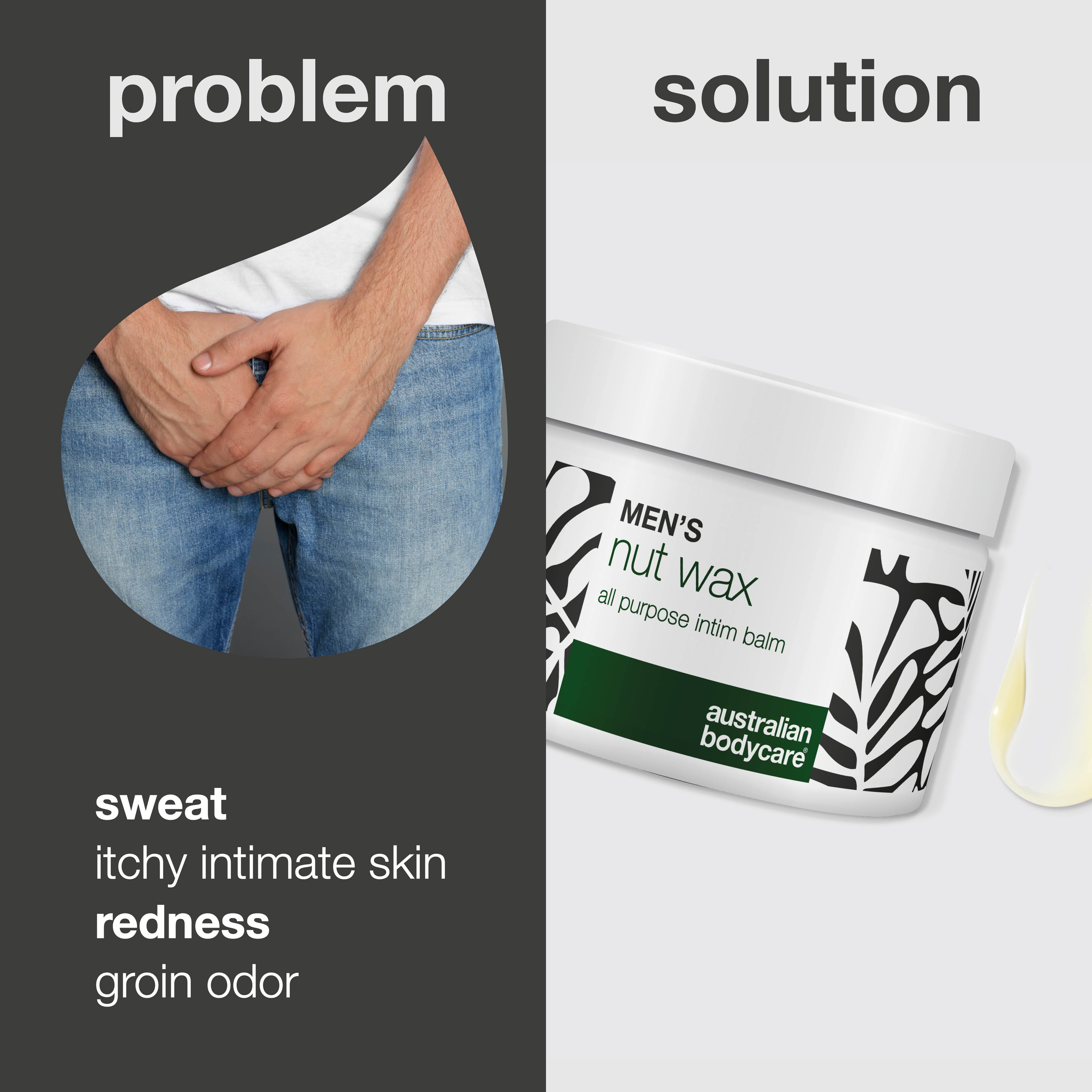 Product packaging for men's nut wax with a solution for sweat, itchiness, redness, and odor on a gray background.