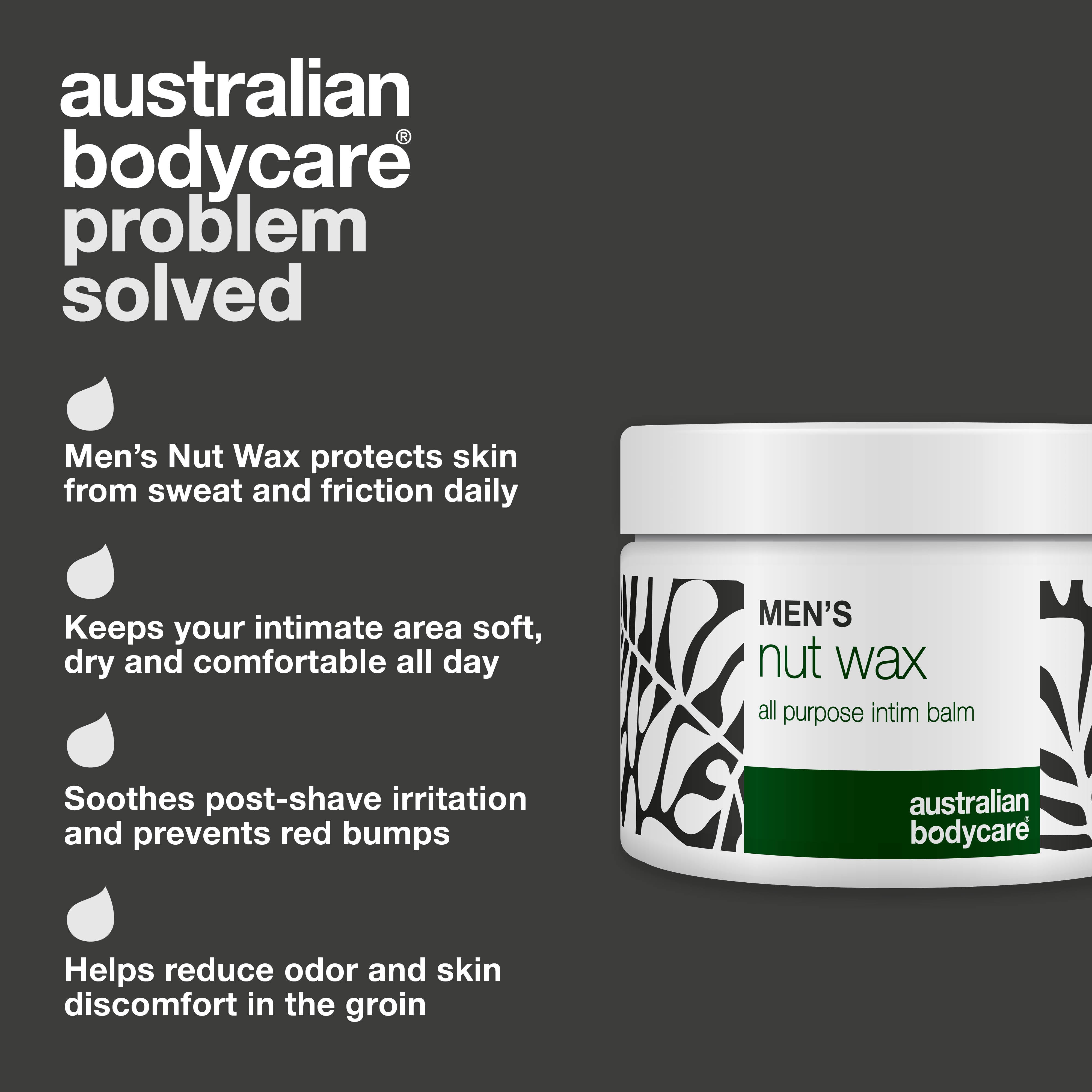Men's Nut Wax container with product benefits on a gray background