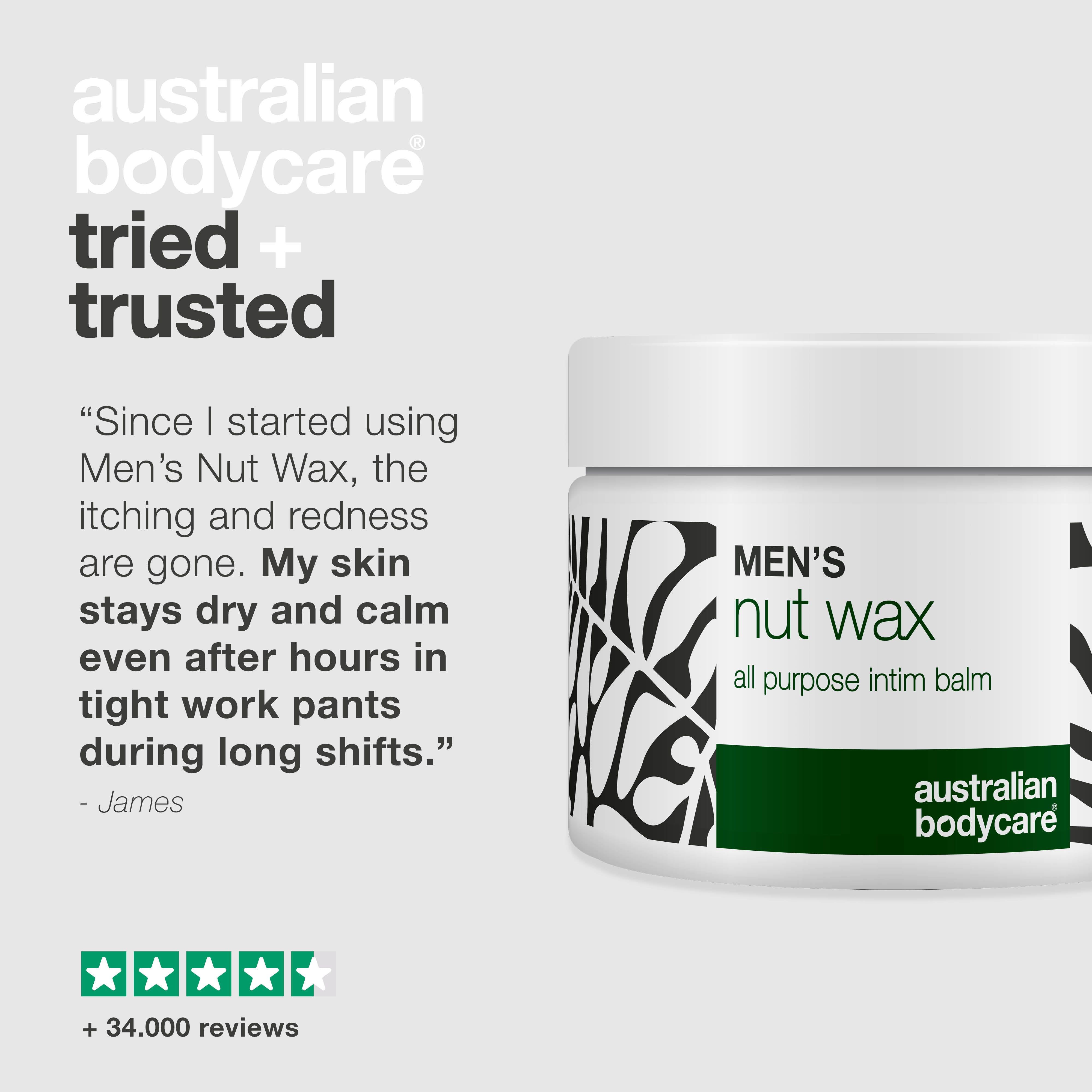 Men's Nut Wax jar with Australian Bodycare branding on a light gray background