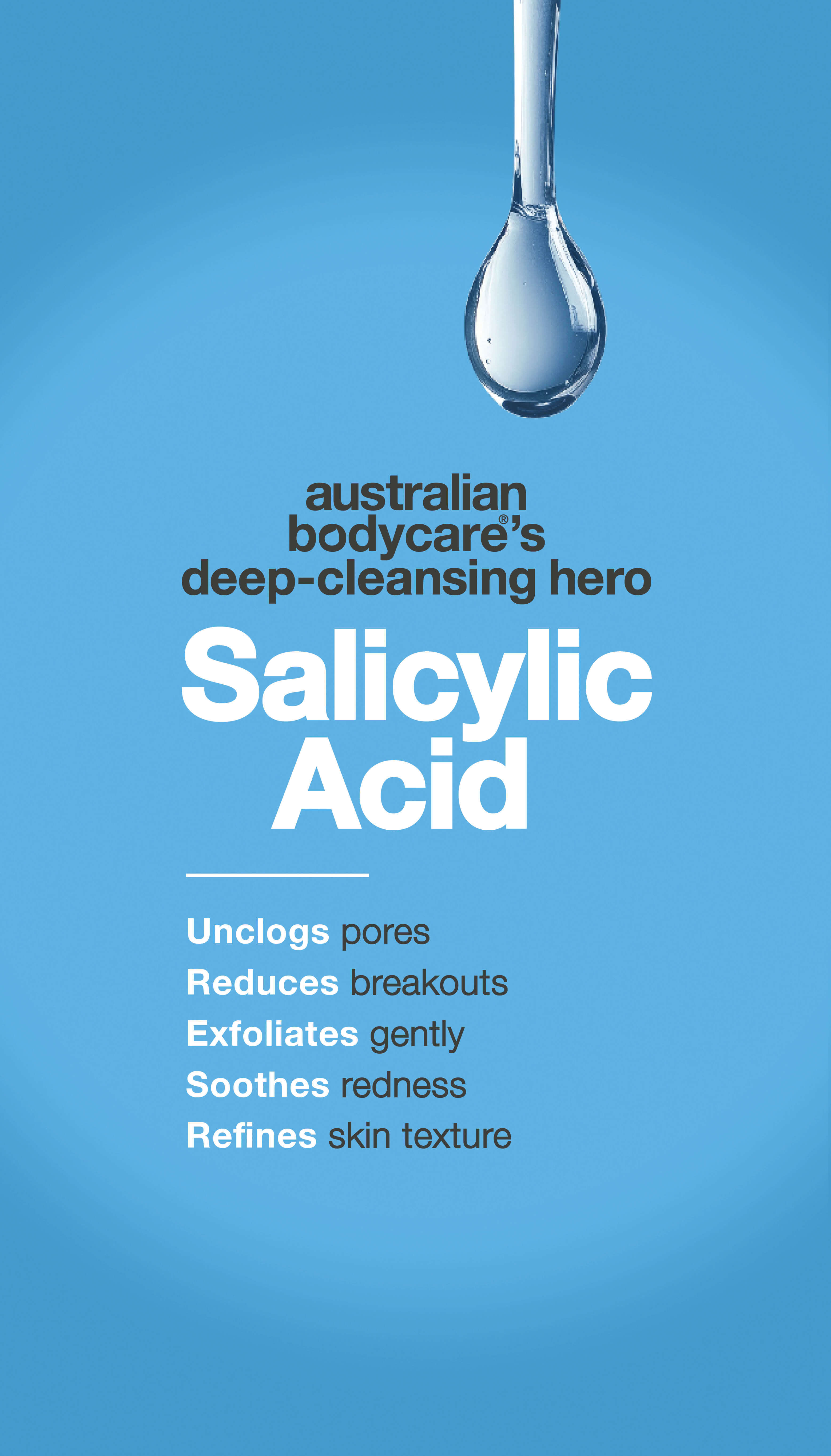 A promotional graphic for Australian Bodycare featuring a droplet of liquid at the top and text on a blue background. It highlights salicylic acid as a 'deep-cleansing hero' that unclogs pores, reduces breakouts, exfoliates gently, soothes redness, and refines skin texture.