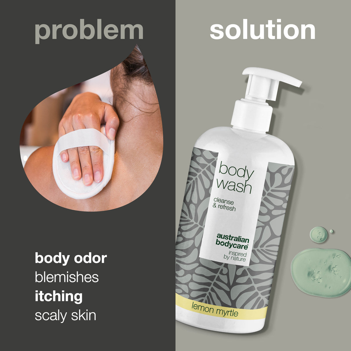 Problem and solution: body odor, blemishes, itching and scaly skin. On the left a close-up of an arm being washed with a wash mitt, on the right the bottle of Body Wash Lemon Myrtle from Australian Bodycare.