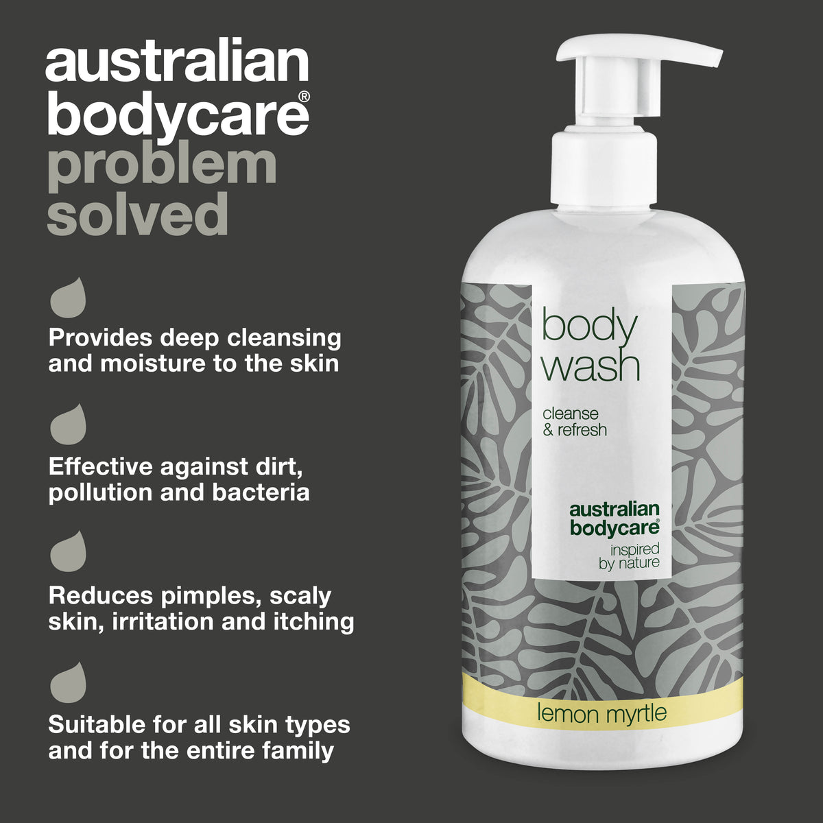 Body Wash Lemon Myrtle from Australian Bodycare provides deep cleansing and moisture to the skin. Effective against dirt, pollution and bacteria, reduces pimples, scaly skin, irritation and itching, and suitable for all skin types and for the entire family.