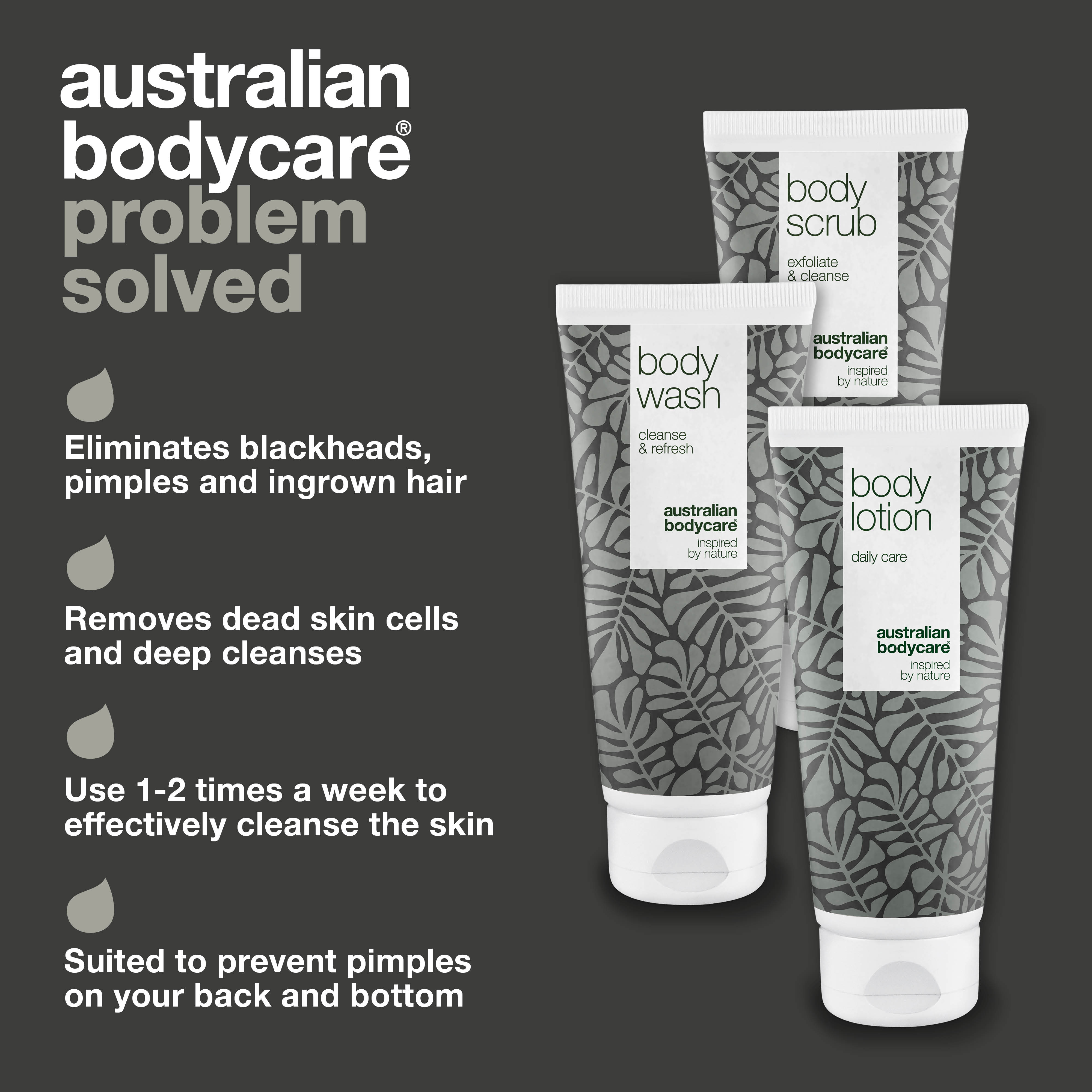 Kit for spots on bum, acne and blackheads on back and bottom — 3 products with natural Tea Tree Oil