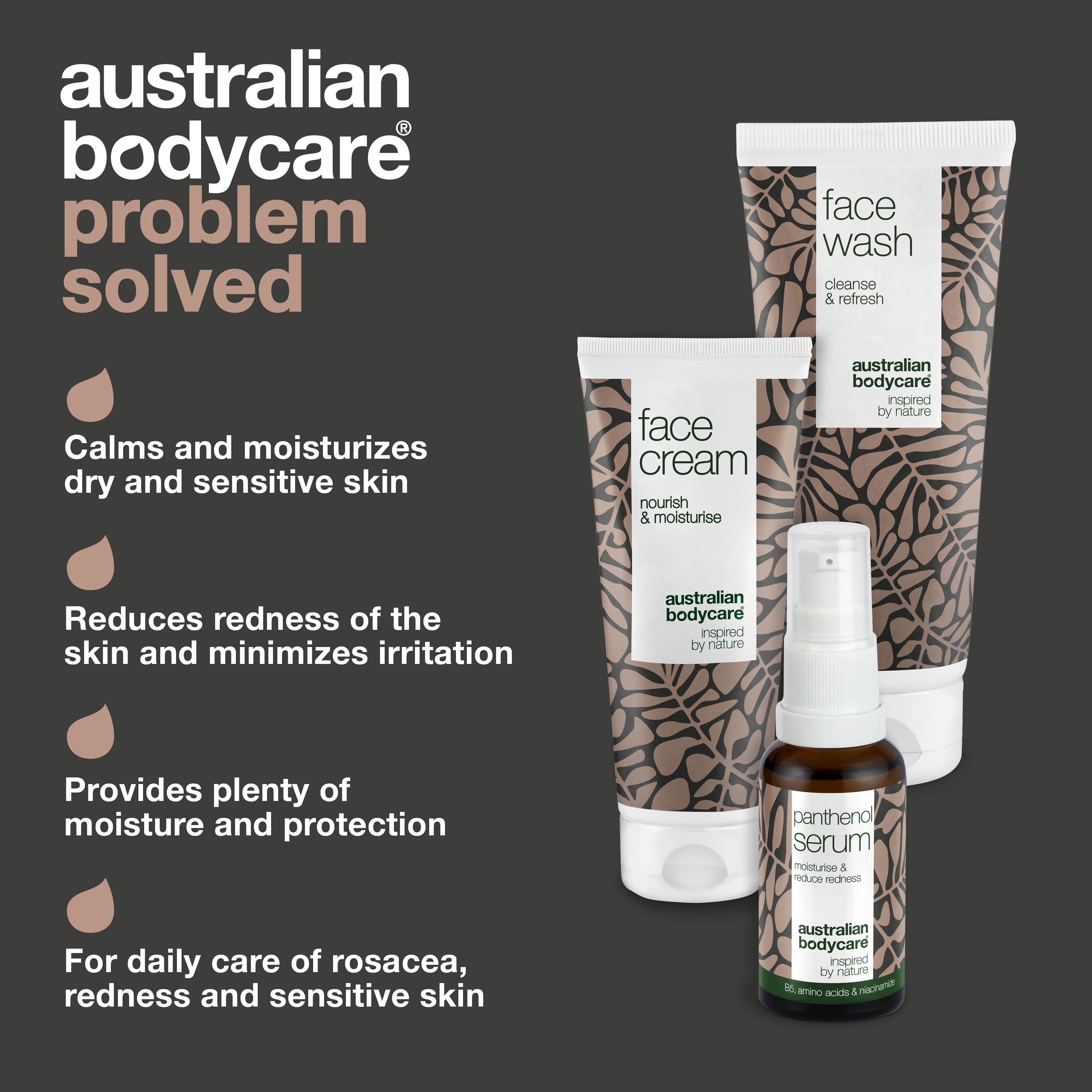 Set for the care of rosacea, redness on face & sensitive skin — 3 soothing skin care products, including: face cleanser, vitamin B5 serum & face cream