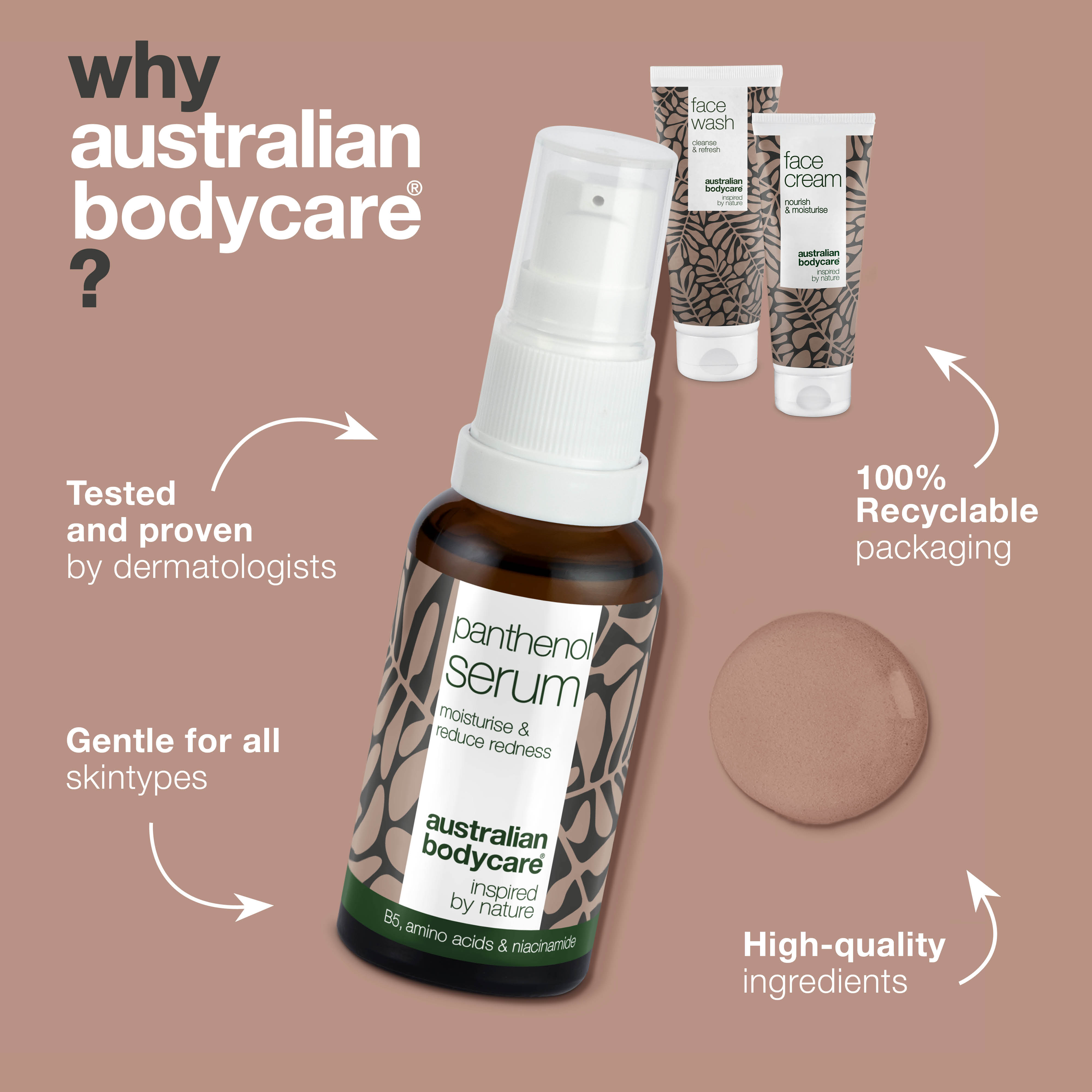 Set for the care of rosacea, redness on face & sensitive skin — 3 soothing skin care products, including: face cleanser, vitamin B5 serum & face cream