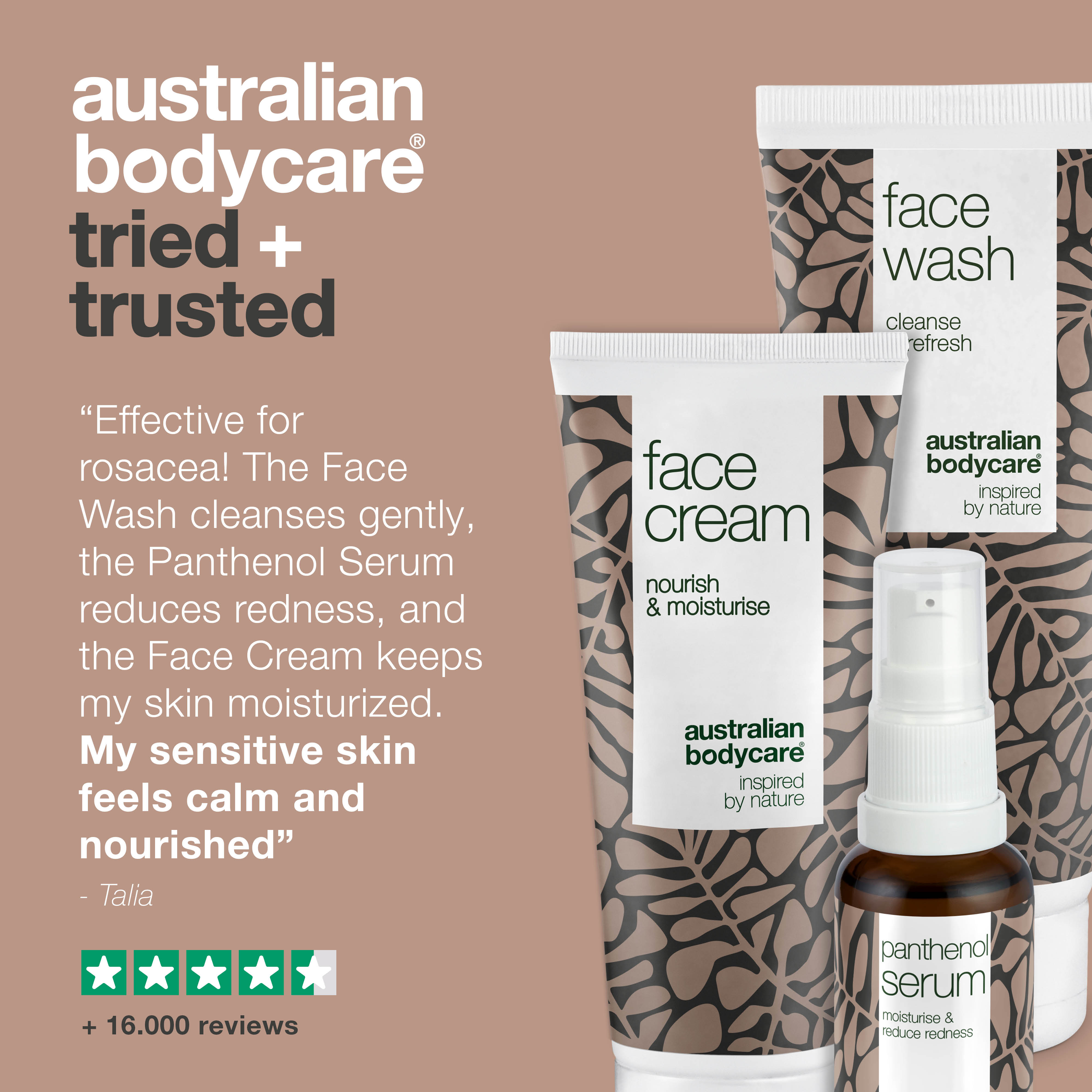 Set for the care of rosacea, redness on face & sensitive skin — 3 soothing skin care products, including: face cleanser, vitamin B5 serum & face cream