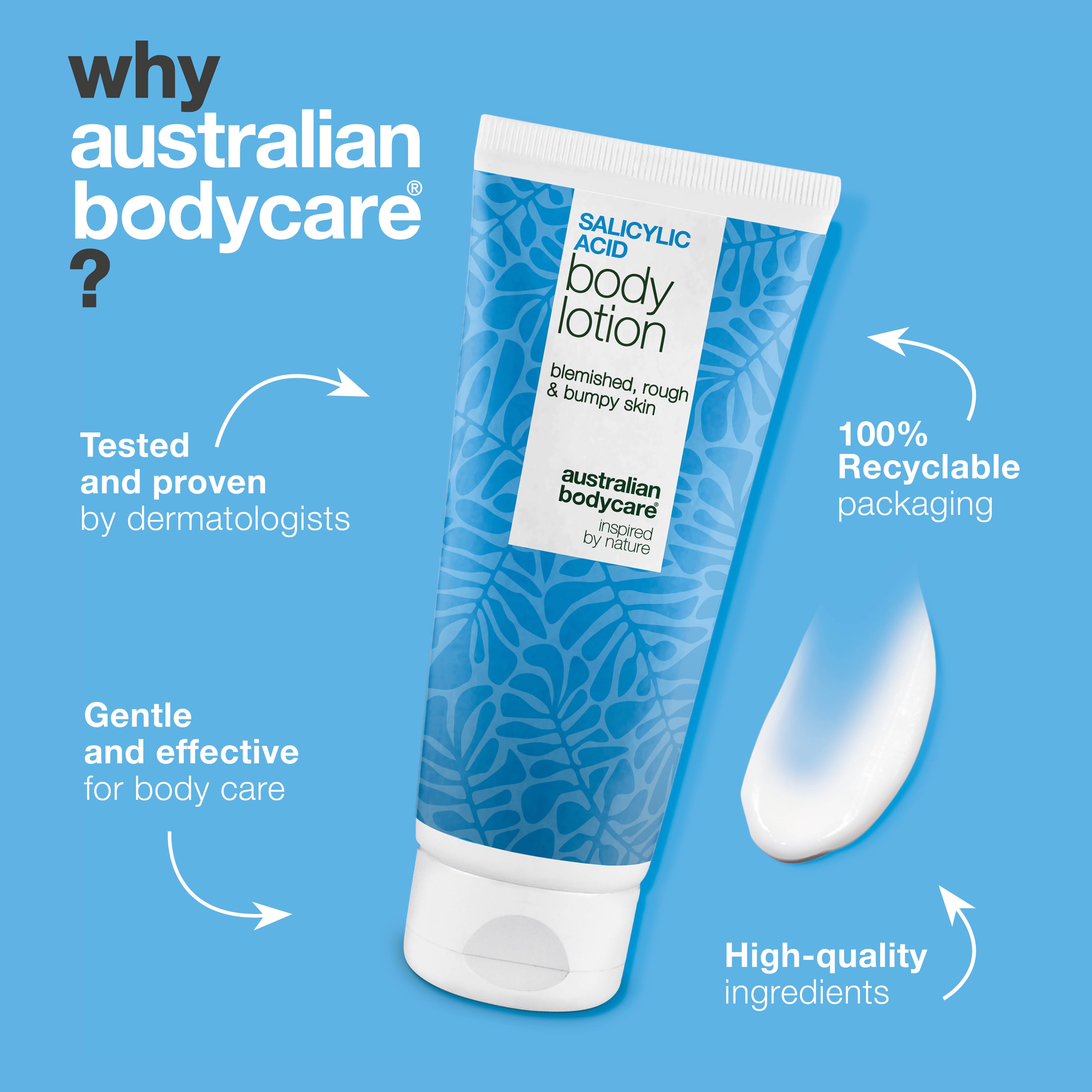 Body lotion with salicylic acid – for blemishes and dry skin — Body lotion with salicylic acid exfoliates, hydrates, and helps reduce blemishes, uneven texture, and dry skin. Perfect for daily use.