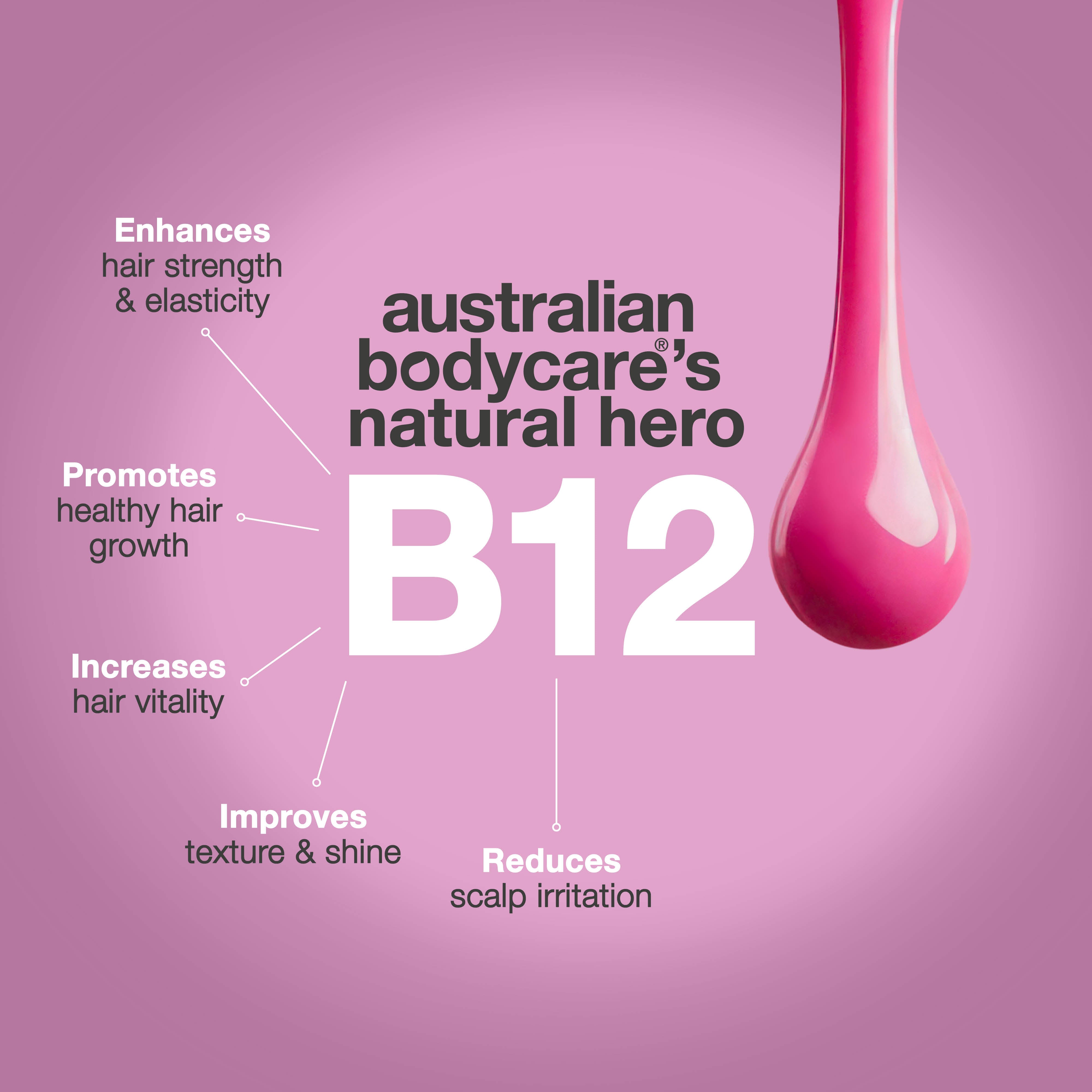 B12 vitamin from Australian Bodycare improves hair strength and elasticity, supports healthy hair growth and adds shine