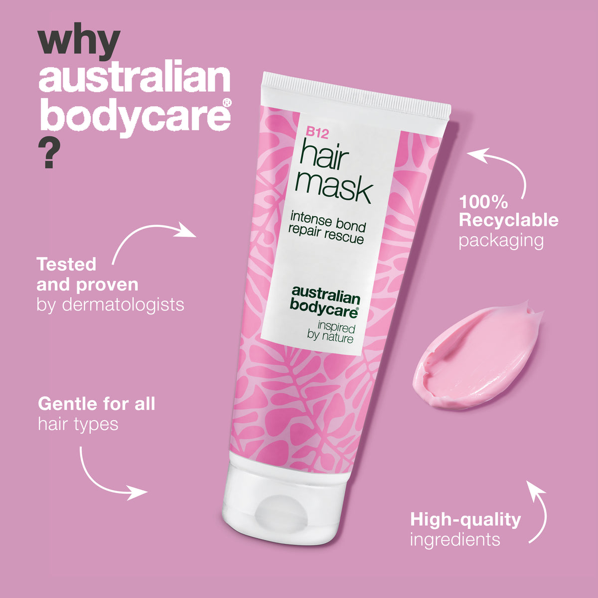 B12 Hair Mask is dermatologist tested, gentle on all hair types and comes in 100% recyclable packaging