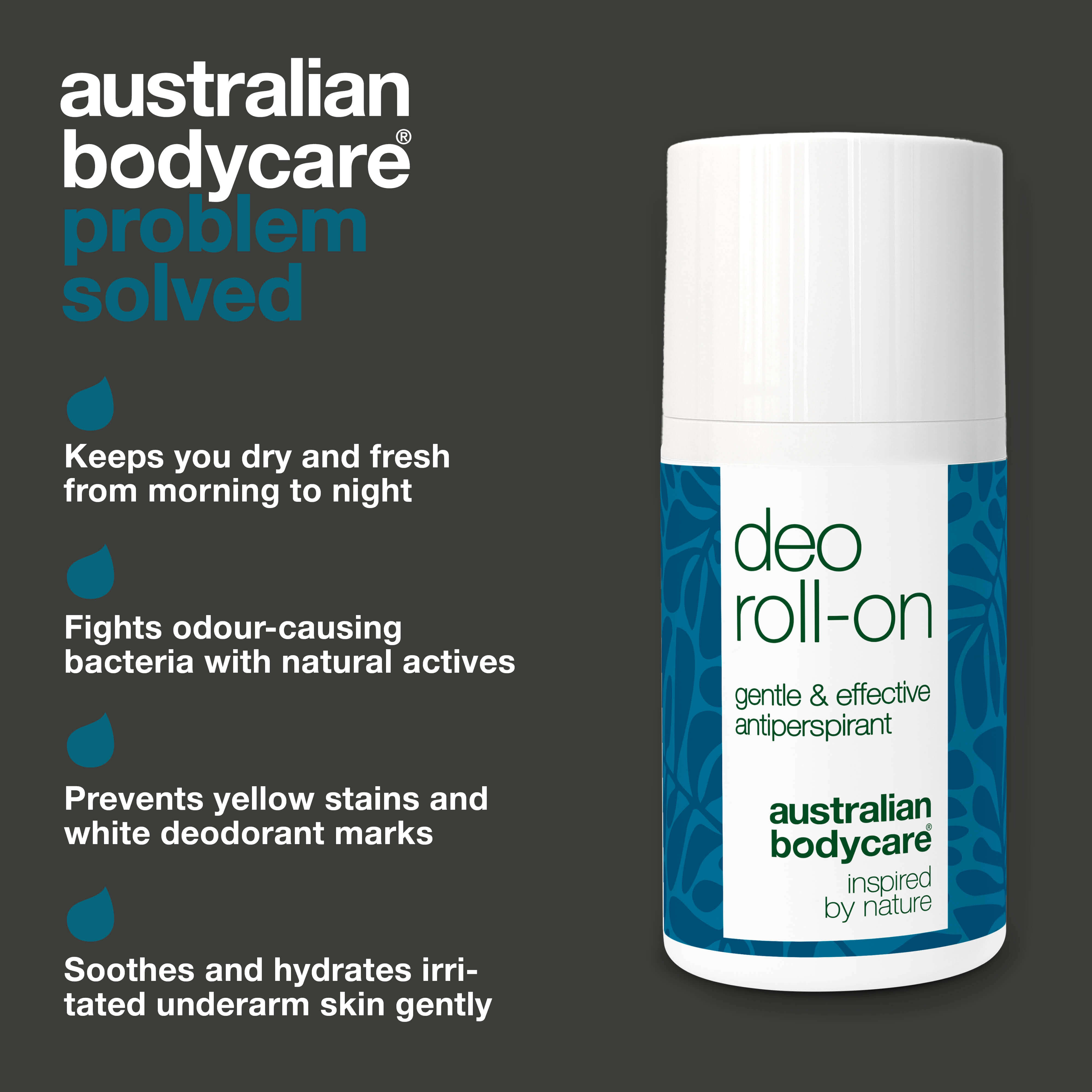 Roll-on deodorant for daily protection from sweat, odor, irritation, and stains. With 4-terpineol, glycerin, lactic acid, and vitamin E.