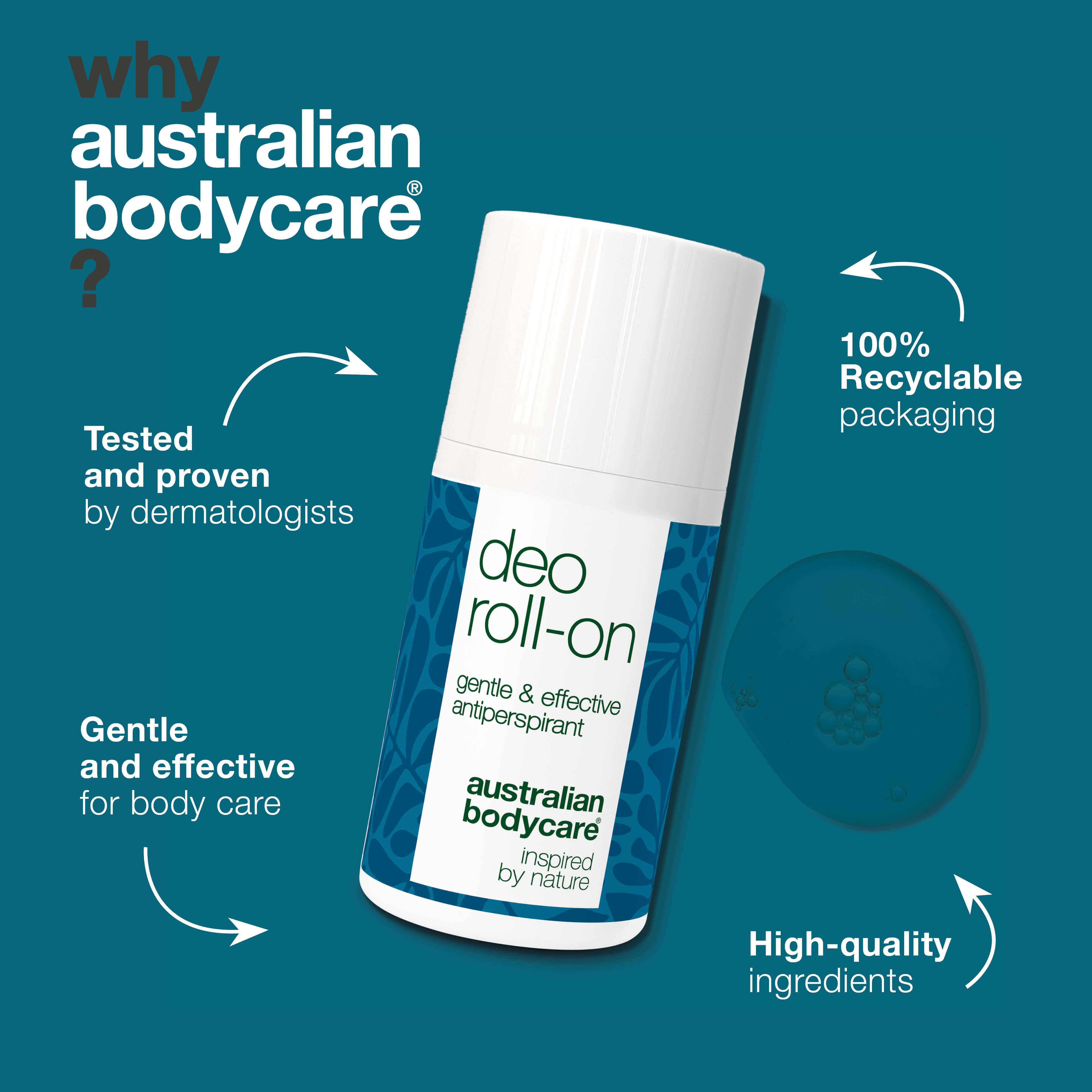 Roll-on deodorant for daily protection from sweat, odor, irritation, and stains. With 4-terpineol, glycerin, lactic acid, and vitamin E.
