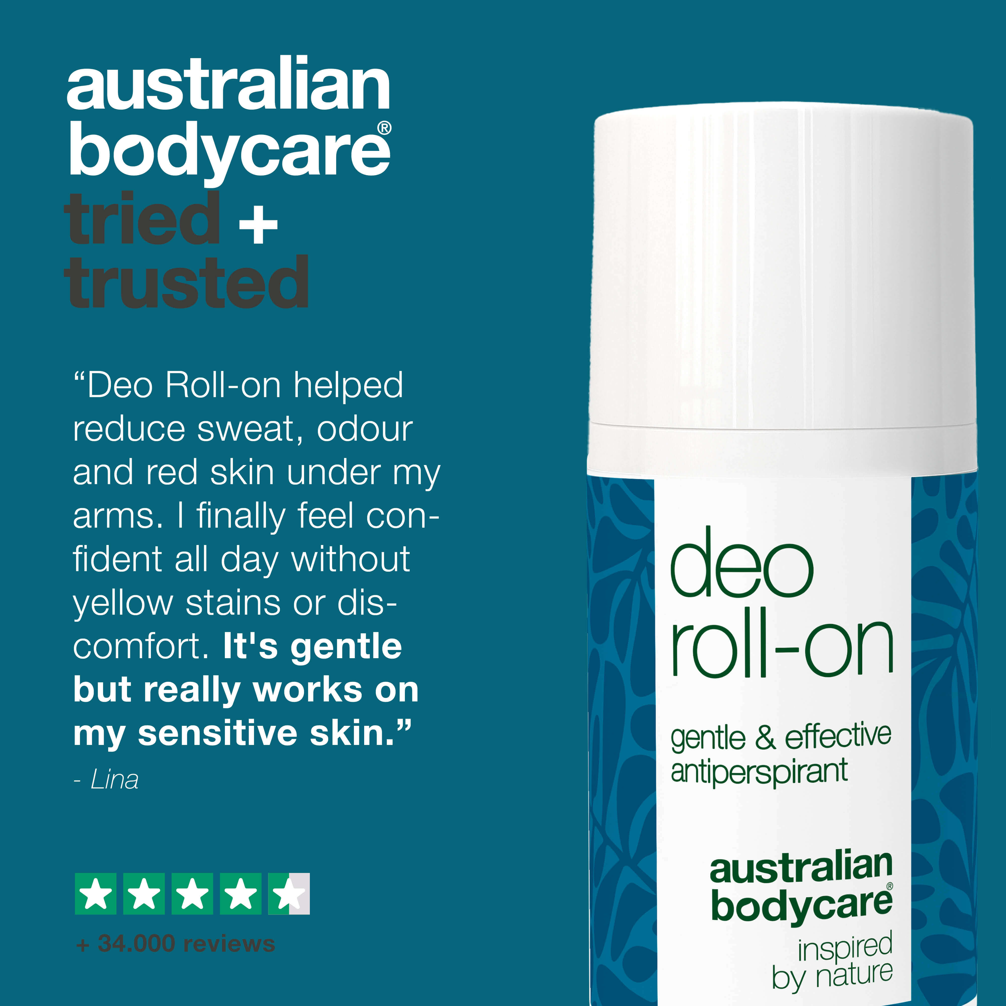 Roll-on deodorant for daily protection from sweat, odor, irritation, and stains. With 4-terpineol, glycerin, lactic acid, and vitamin E.