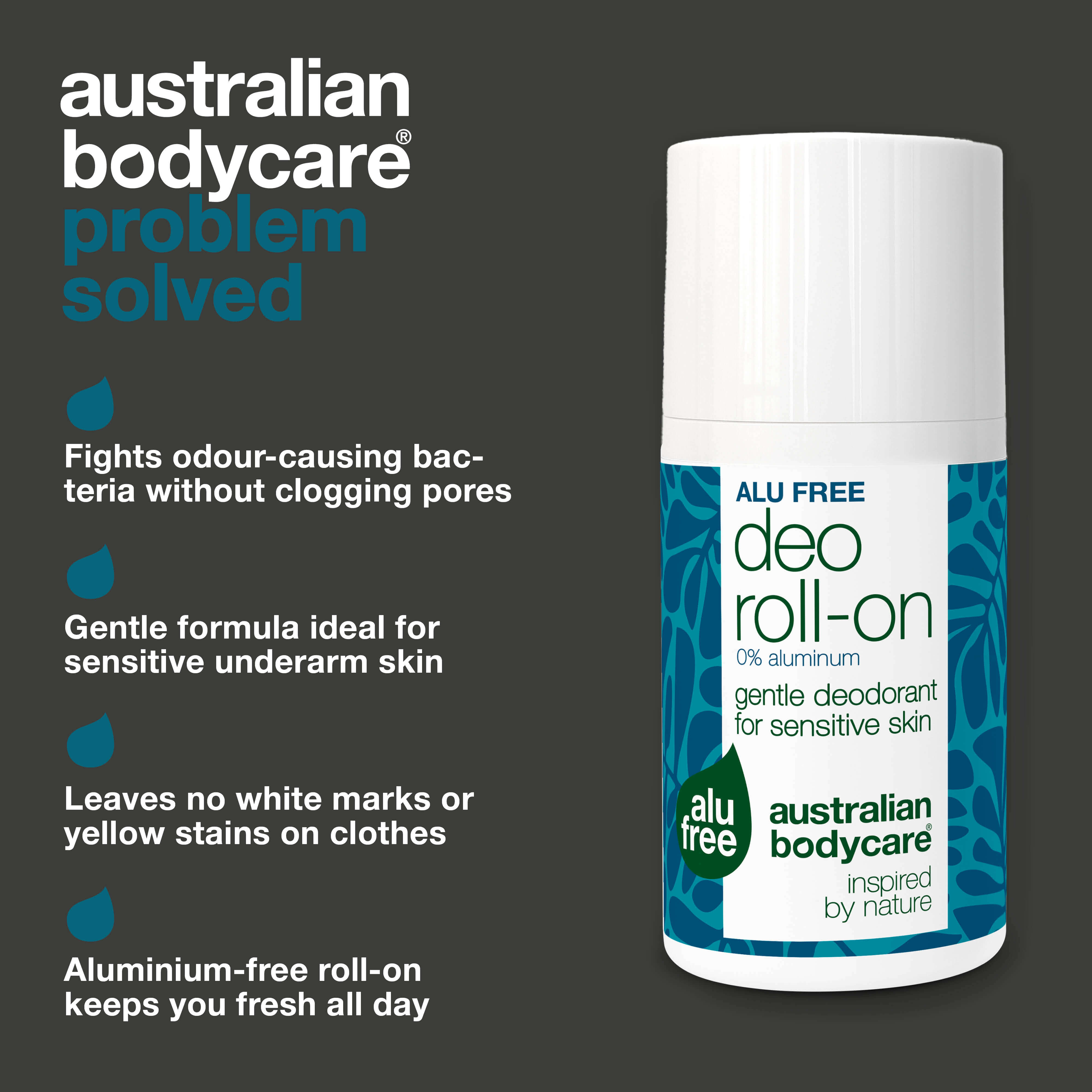 Aluminium free roll-on deodorant for daily protection from sweat, odour and irritation. With 4-terpineol, lactic acid, glycerin and natural active ingredients.