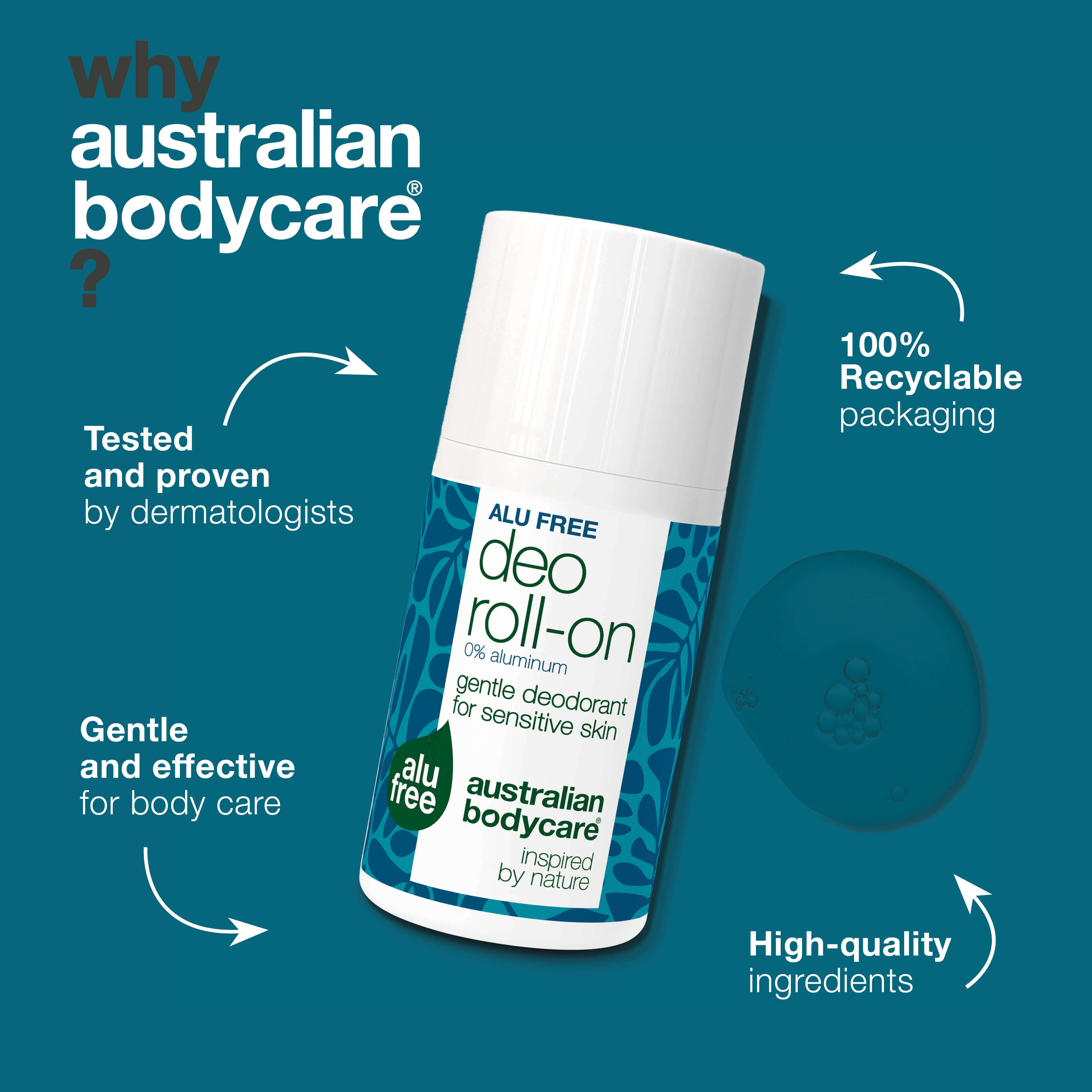 Aluminium free roll-on deodorant for daily protection from sweat, odour and irritation. With 4-terpineol, lactic acid, glycerin and natural active ingredients.