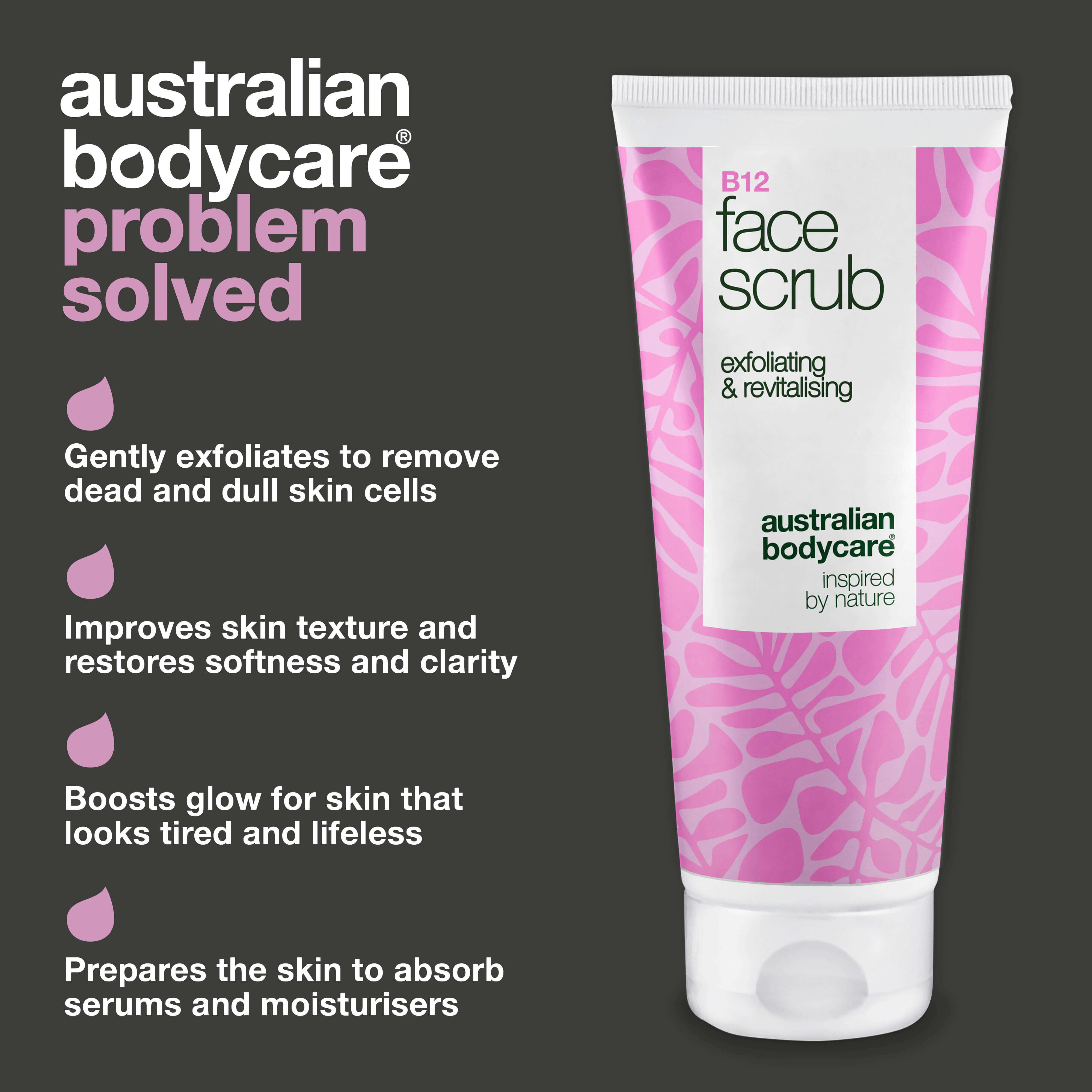 Face Scrub for dry and uneven skin. Cleanses and exfoliates with B12 vitamin, glycolic acid and apricot seeds for a softer, brighter and renewed complexion.