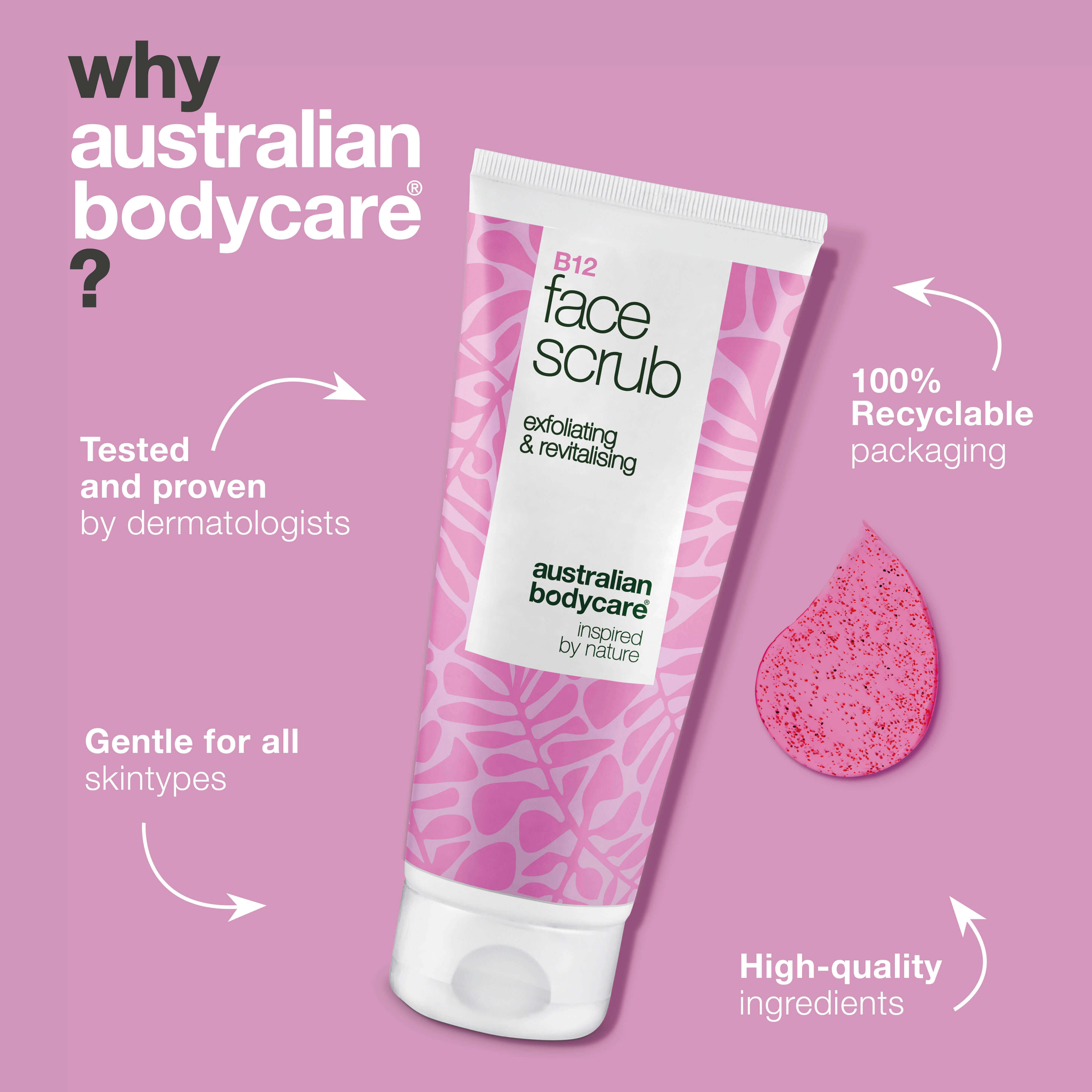 Face Scrub for dry and uneven skin. Cleanses and exfoliates with B12 vitamin, glycolic acid and apricot seeds for a softer, brighter and renewed complexion.