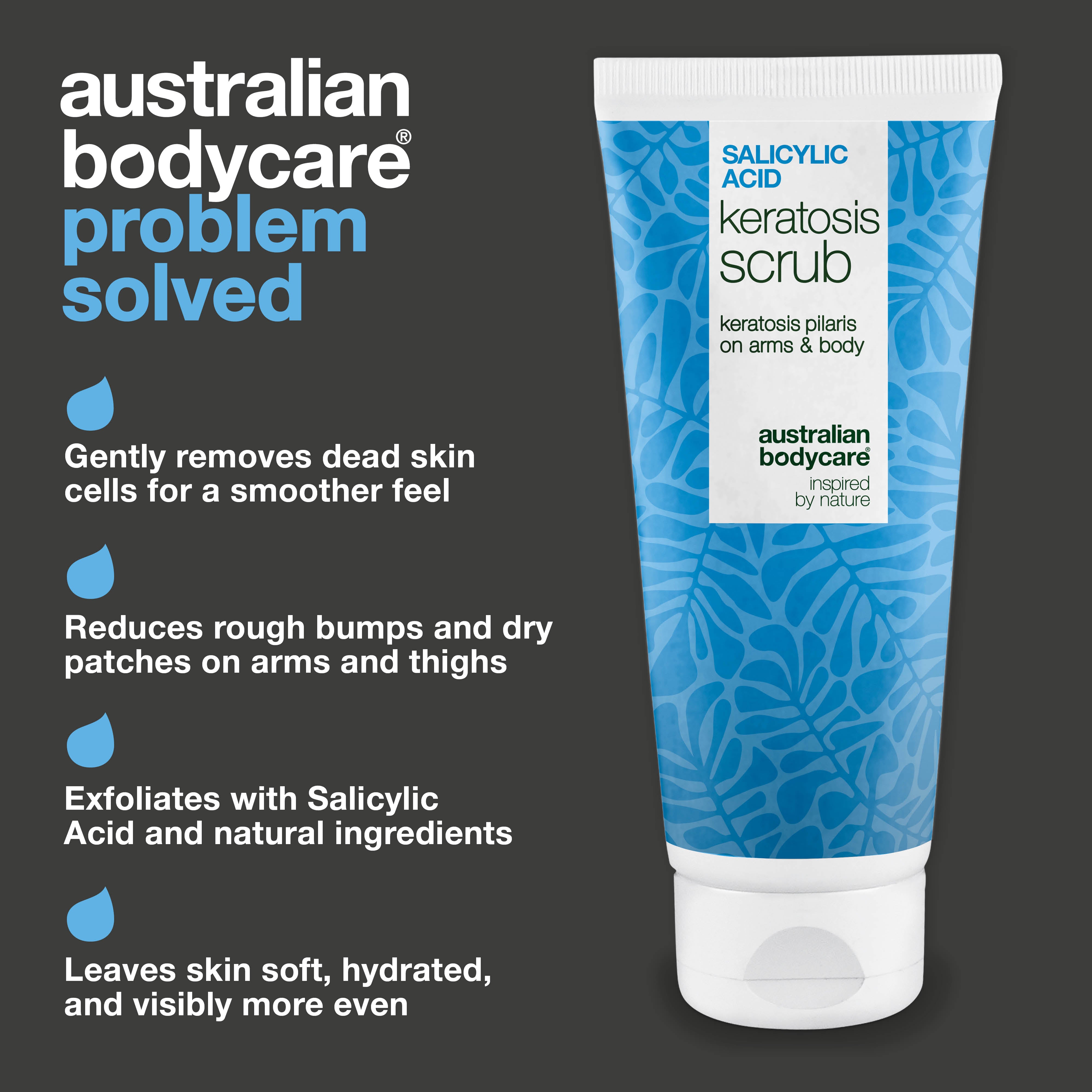 Keratosis Pilaris Body Scrub removes dead skin and reduces bumps. Smooths and hydrates with Salicylic Acid, Glycolic Acid, and Allantoin.