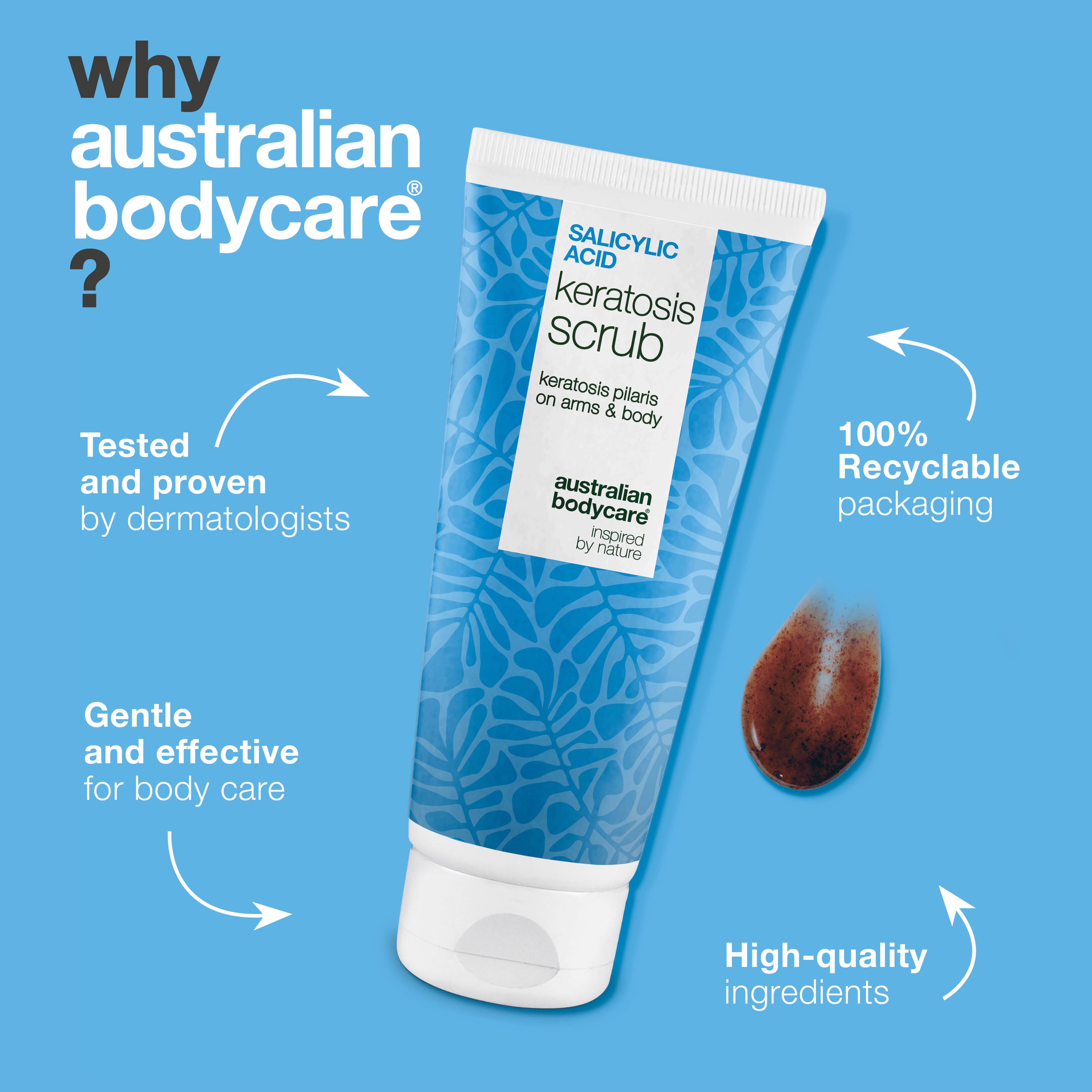 Keratosis Pilaris Body Scrub removes dead skin and reduces bumps. Smooths and hydrates with Salicylic Acid, Glycolic Acid, and Allantoin.