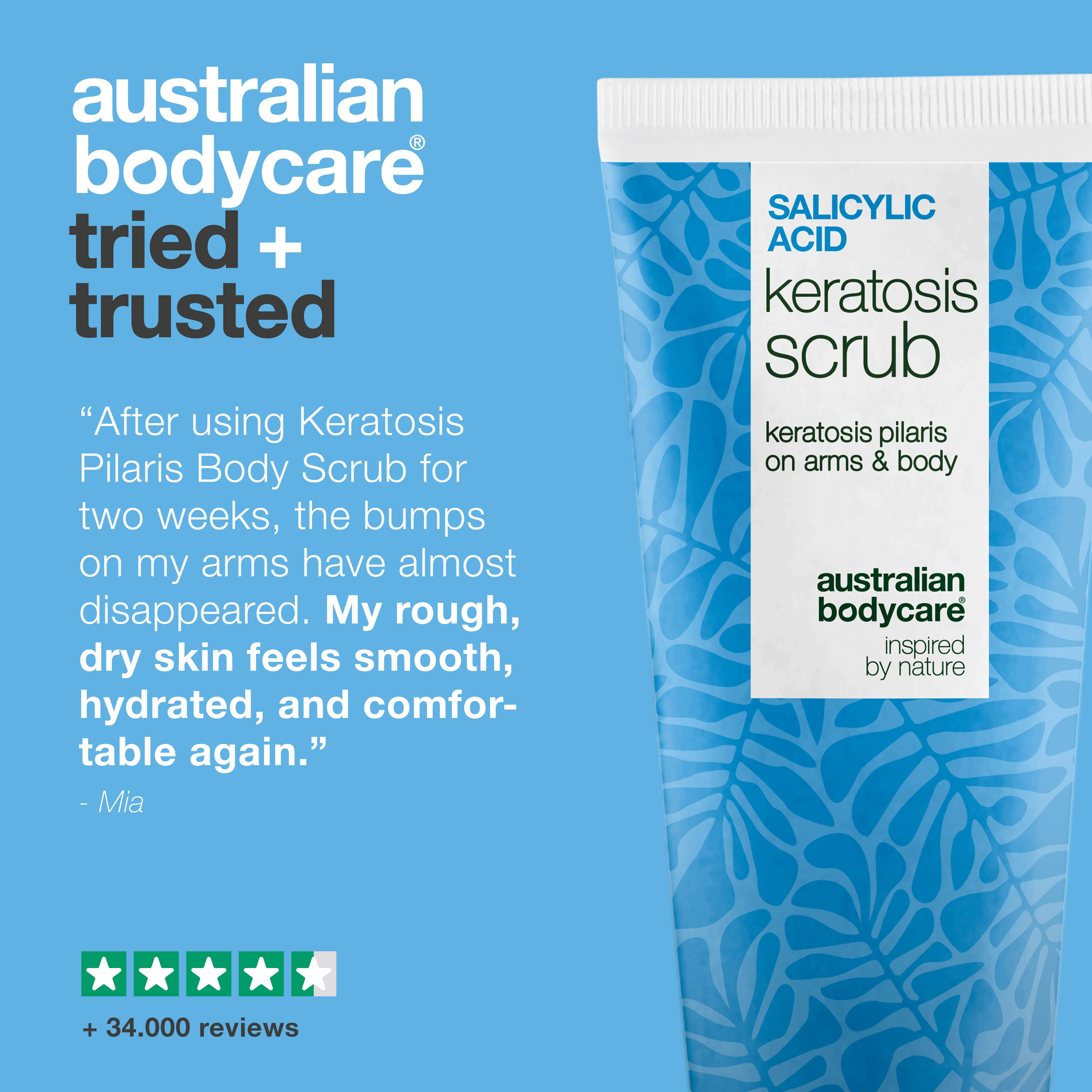 Keratosis Pilaris Body Scrub removes dead skin and reduces bumps. Smooths and hydrates with Salicylic Acid, Glycolic Acid, and Allantoin.
