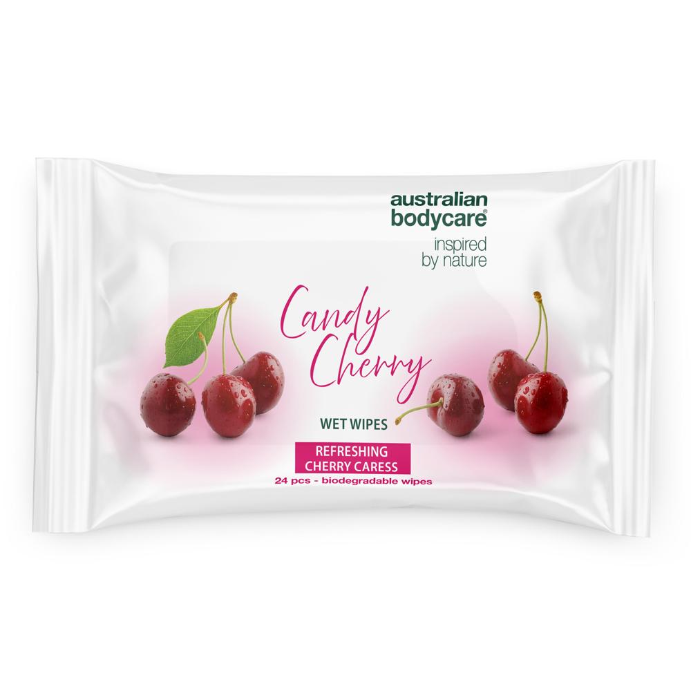 Candy Cherry Wet Wipes 24 pcs. – Refresh & hydrate on the go — Soft cleansing wipes that refresh and hydrate the skin. Leave a sweet, fruity cherry scent and a silky-soft feeling after each use.