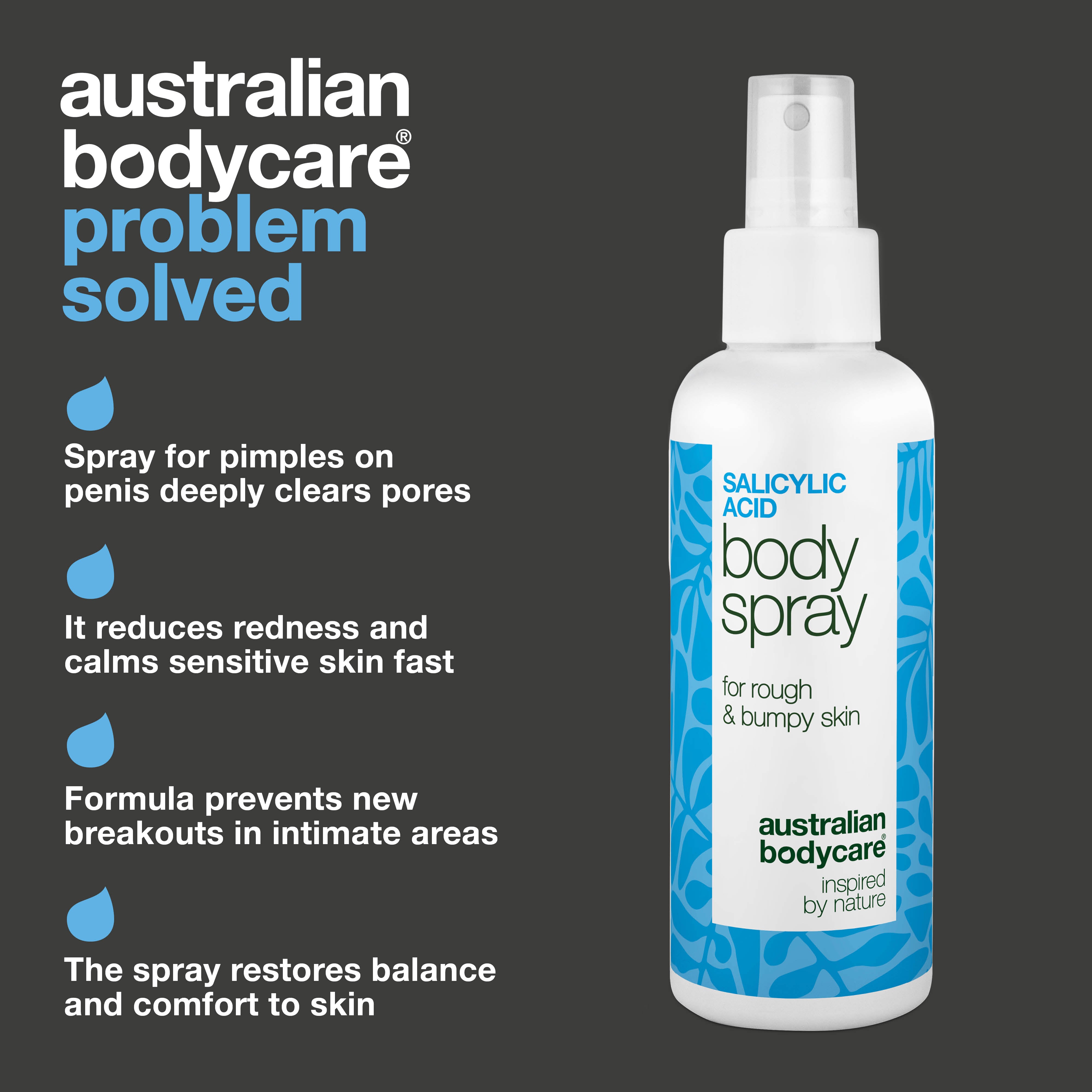 Spray to treat pimples on penis clears clogged pores and prevents new breakouts. Contains salicylic acid, glycolic acid, panthenol, glycerin and zinc.