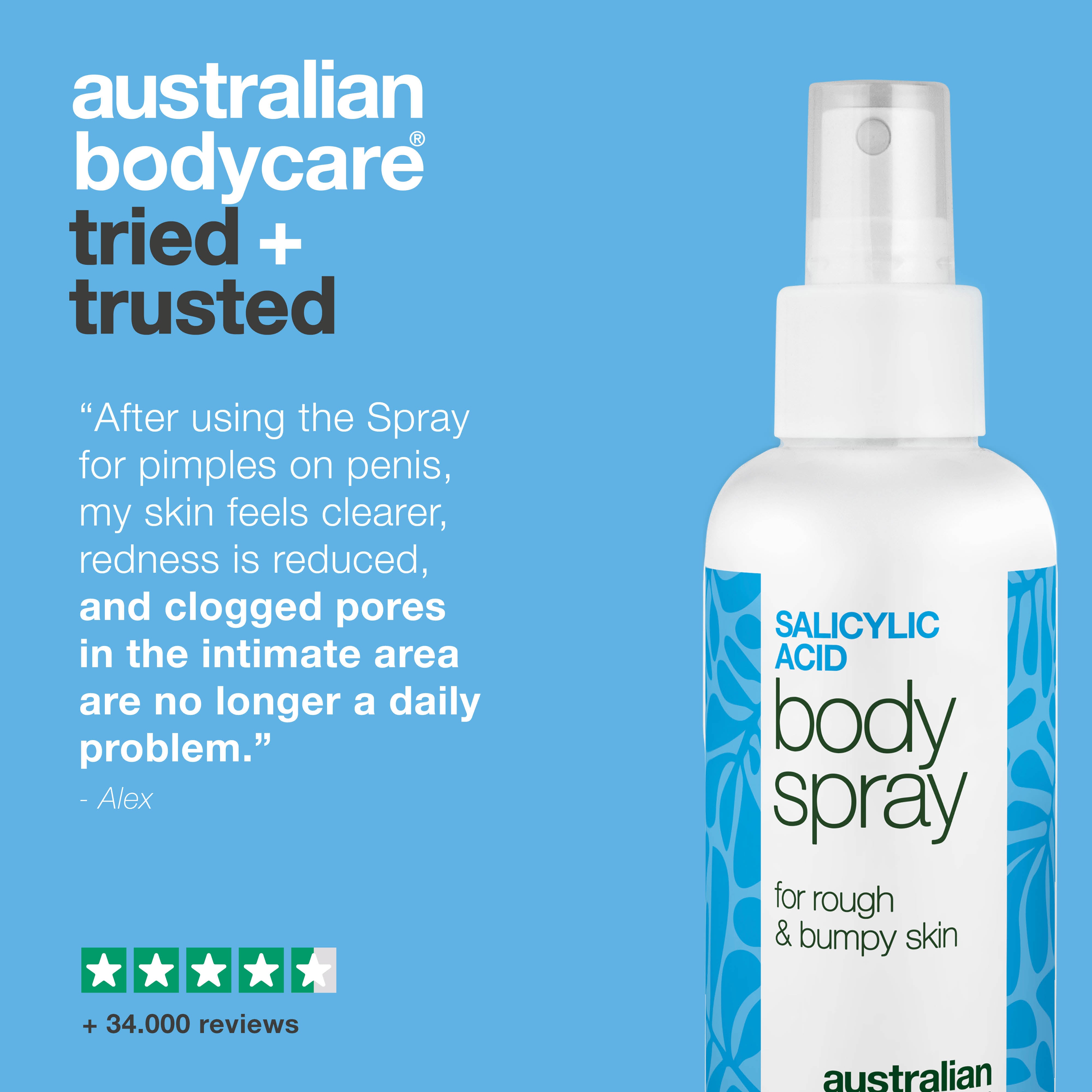 Spray to treat pimples on penis clears clogged pores and prevents new breakouts. Contains salicylic acid, glycolic acid, panthenol, glycerin and zinc.