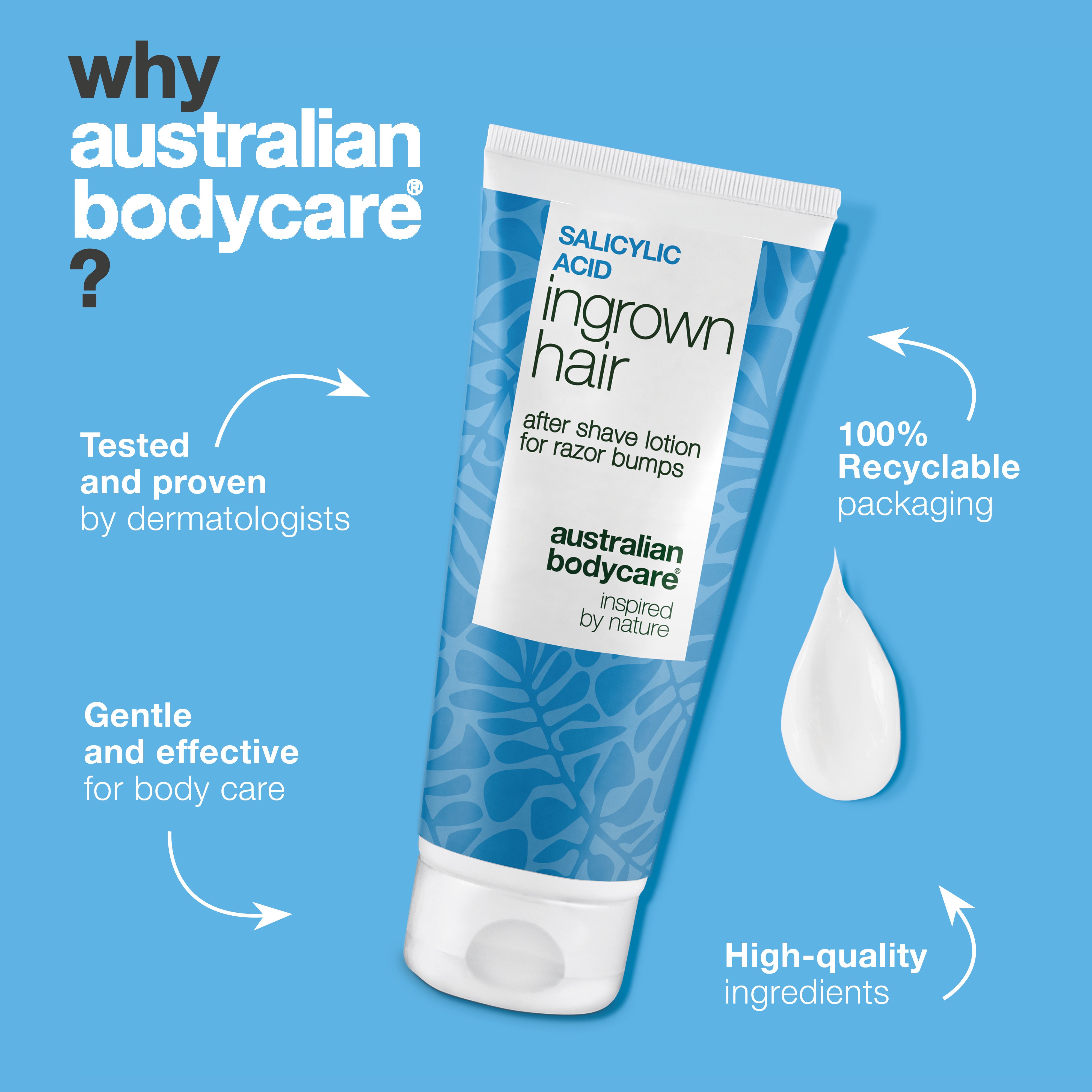 Australian Bodycare Salicylic Acid After Shave Lotion in recyclable packaging. Dermatologically tested, gentle and effective body care made with high-quality ingredients.