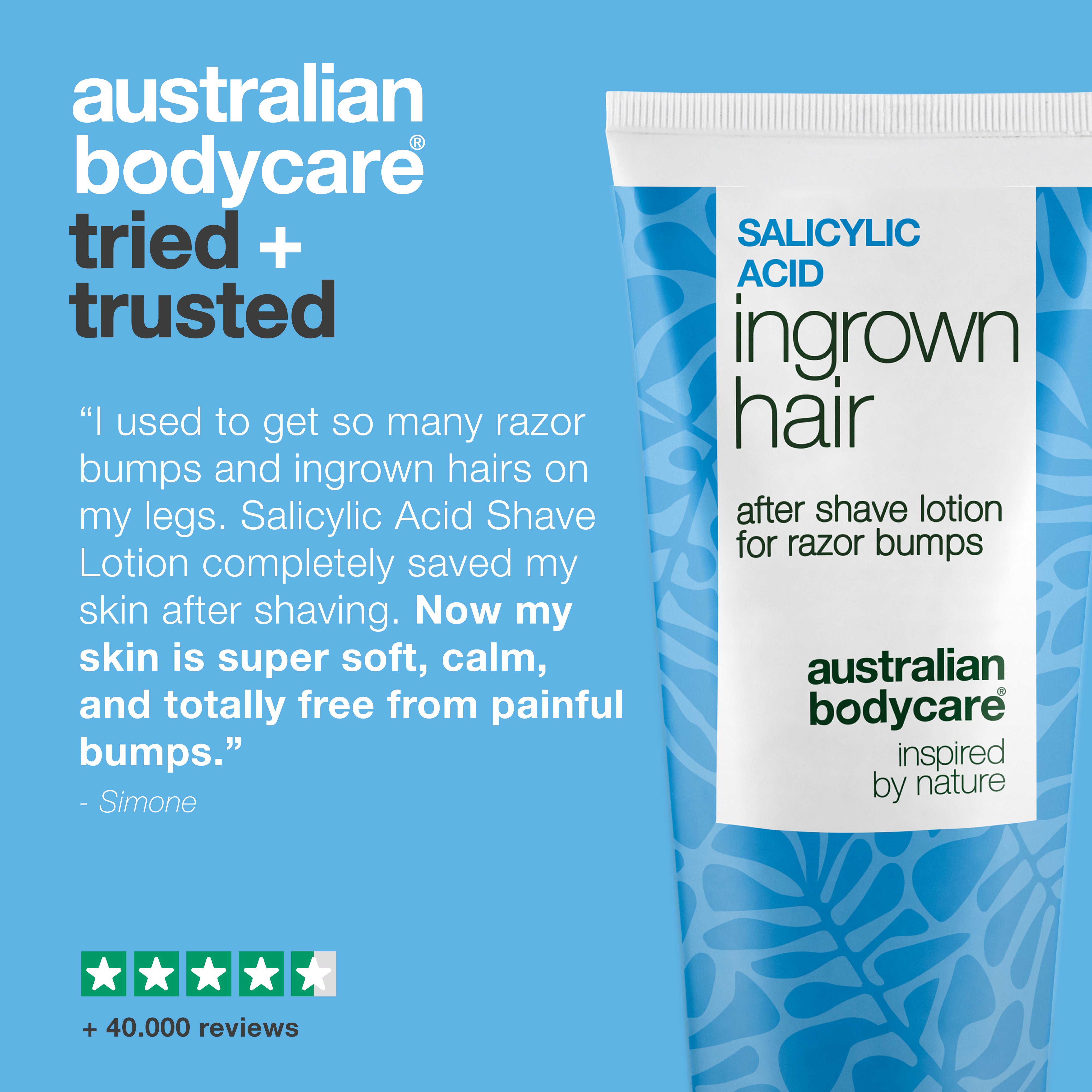 Australian Bodycare Salicylic Acid After Shave Lotion for ingrown hairs and red bumps. The image shows the product alongside a customer review mentioning softer, calmer skin after shaving, as well as more than 40,000 reviews.