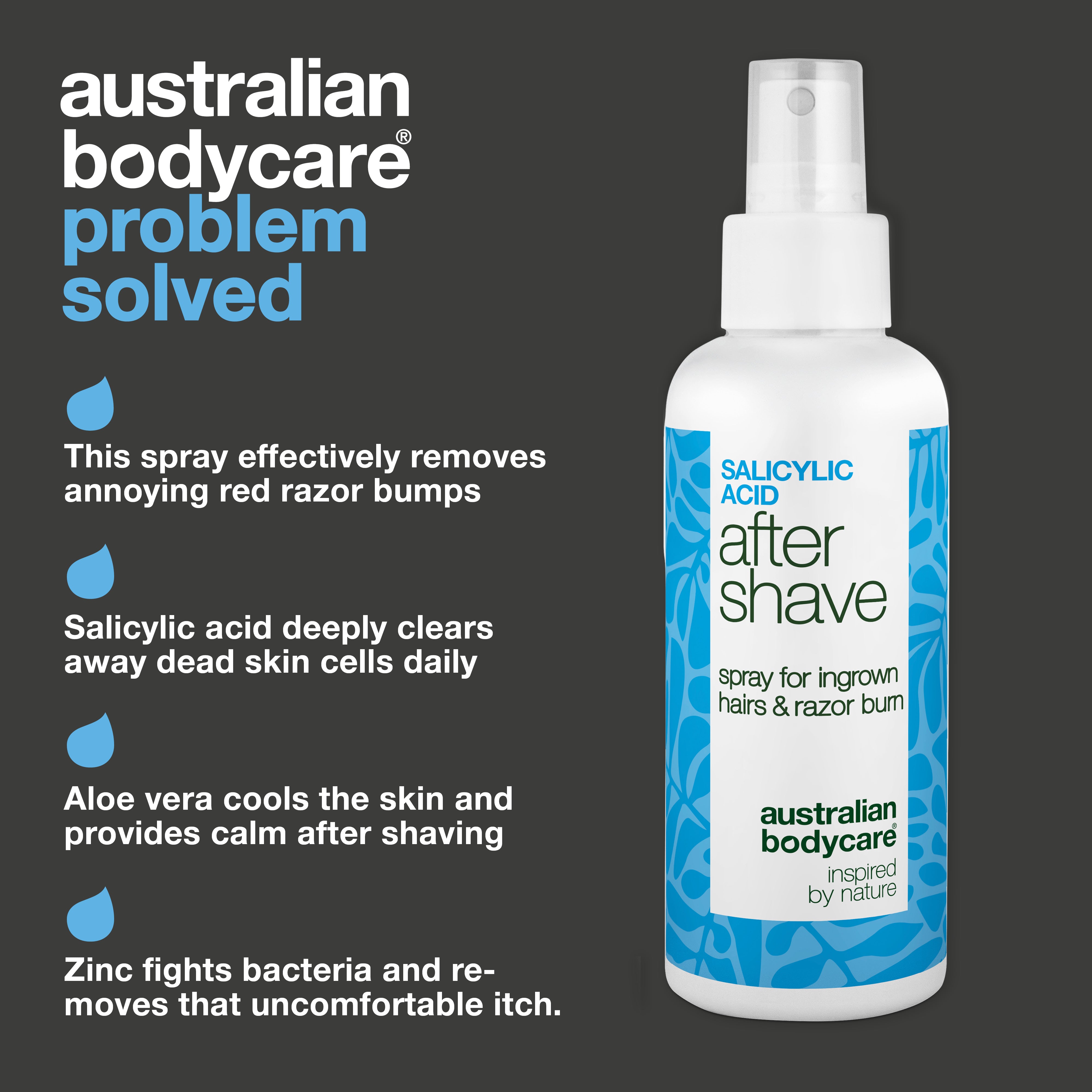 Salicylic Acid After Shave Spray for Razor Bumps — After Shave Spray for razor burns and ingrown hairs. Soothes itching with Salicylic Acid, Aloe Vera, and Panthenol for a smooth finish.