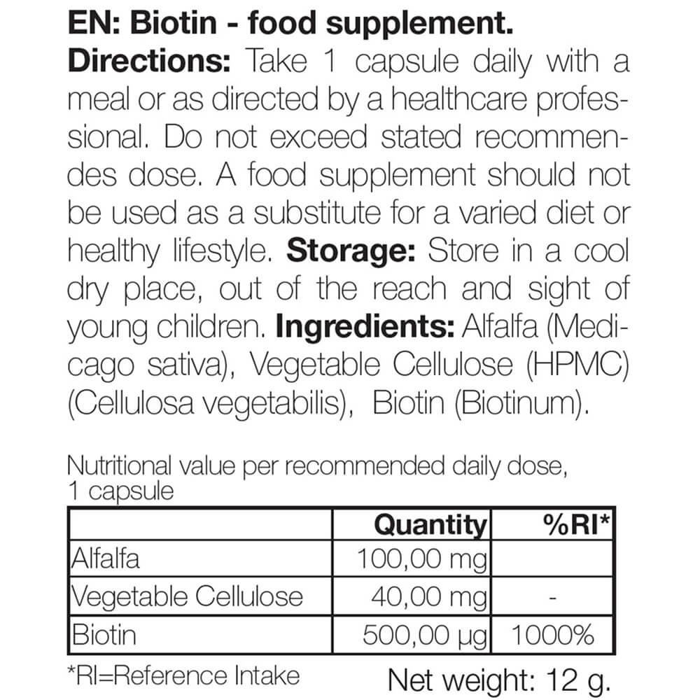 Biotin 500 µg – Daily Vitamin B7 Supplement – 90 Count — Biotin 500 µg with Vitamin B7 – 90 tablets for daily use to help maintain hair, skin, and mucous membranes. Key: biotin, alfalfa, cellulose.