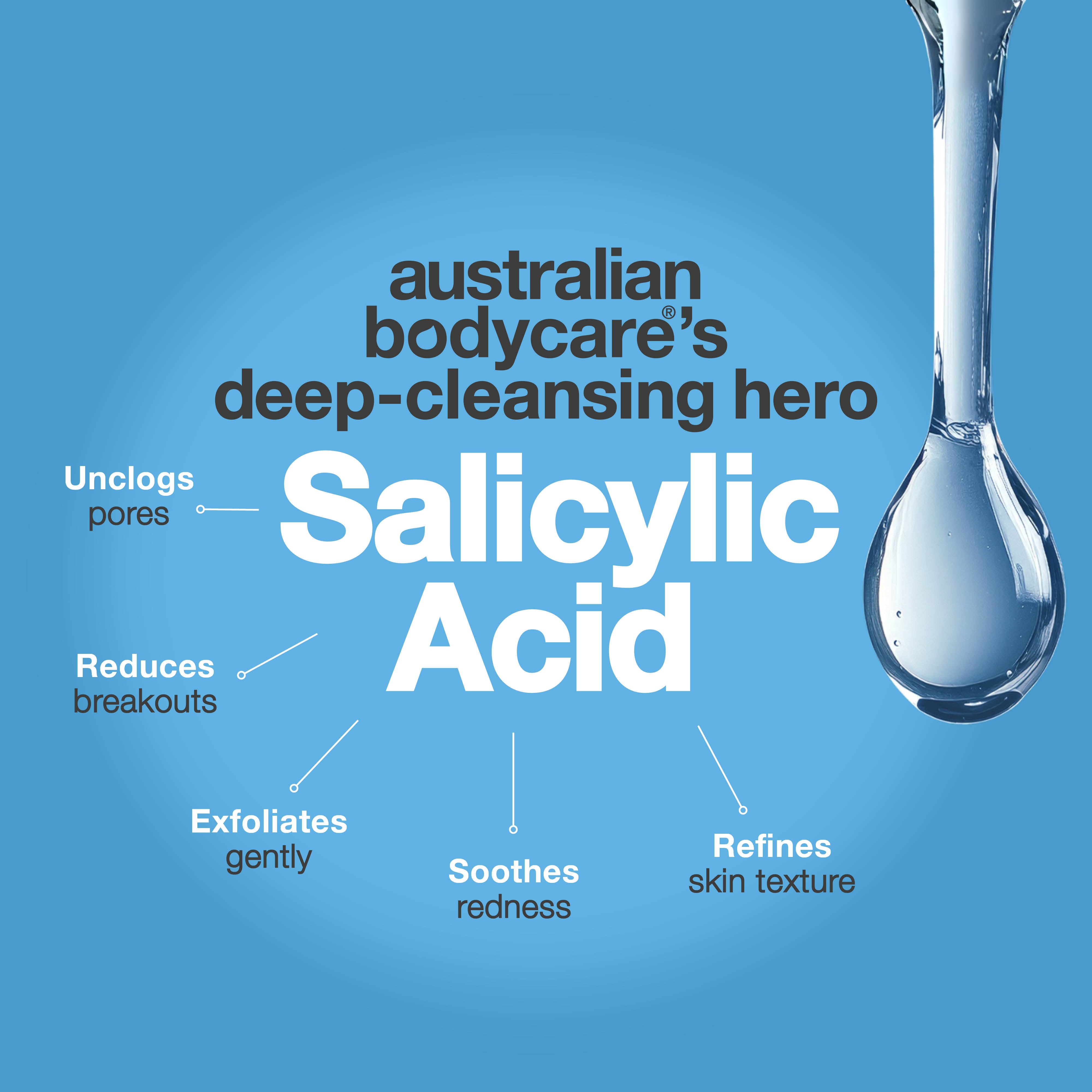 Australian Bodycare highlights salicylic acid as a deep-cleansing ingredient that helps unclog pores, reduce blemishes, gently exfoliate, calm redness and refine skin texture.