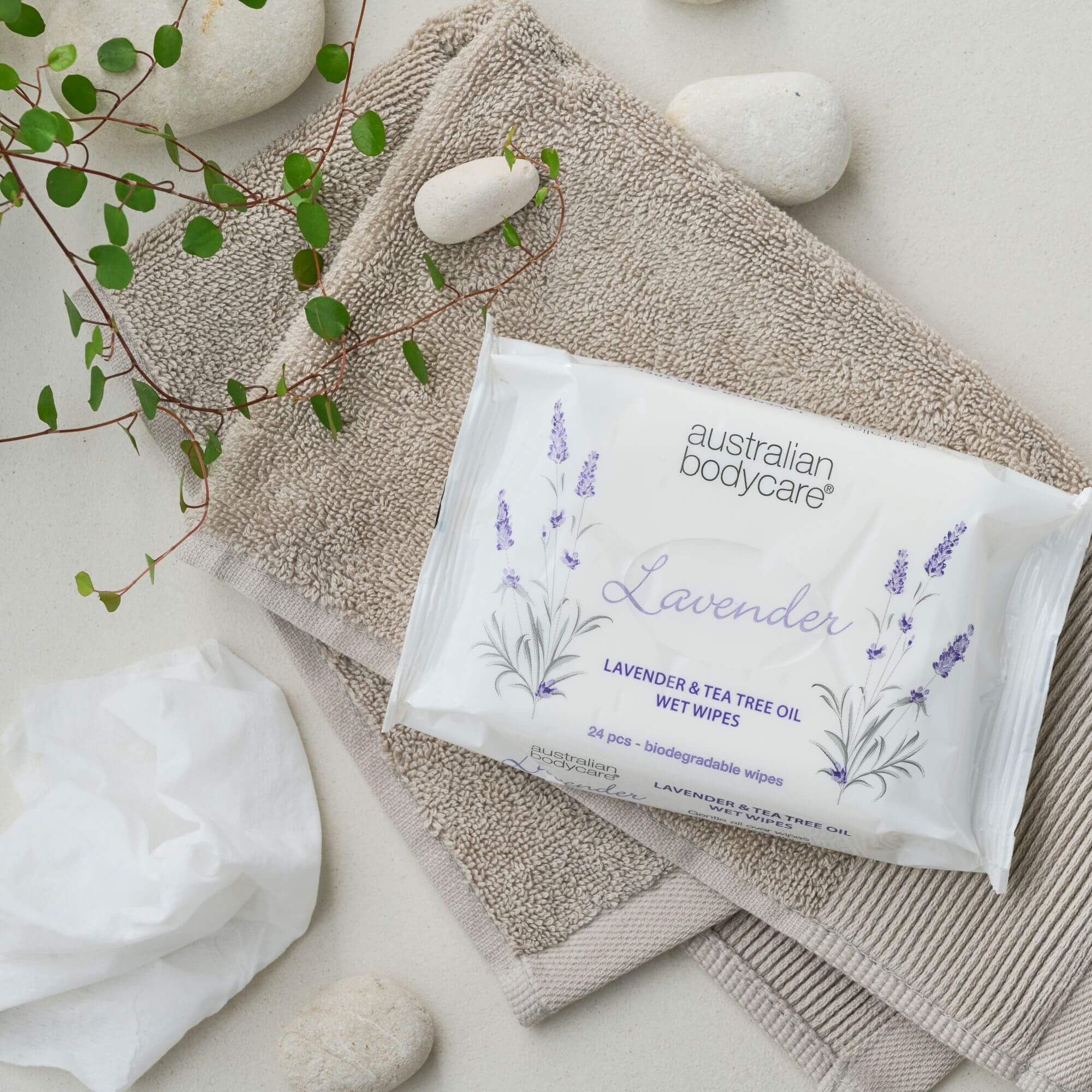 Wet wipes with Lavender & Tea Tree Oil — Biodegradable wipes for cleansing and moisturising the face and body