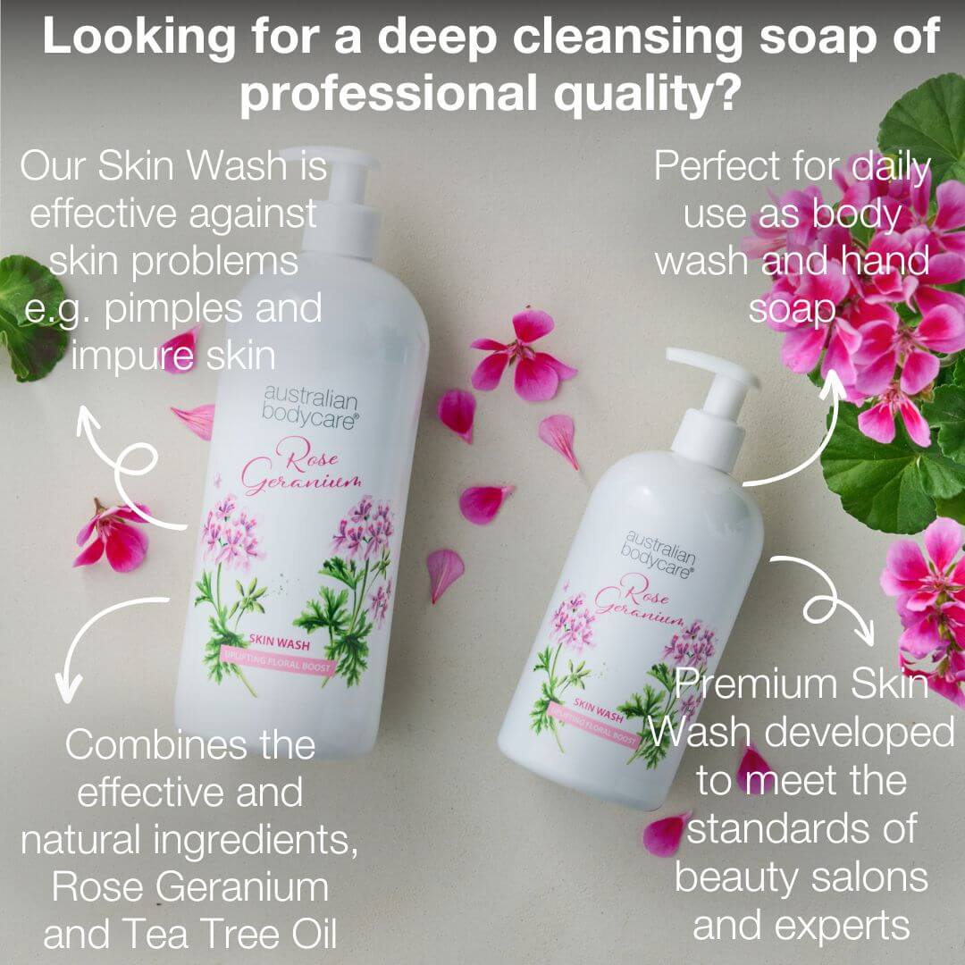 Professional Rose Skin Wash — Deep cleansing shower gel with Tea Tree Oil and Rose Geranium