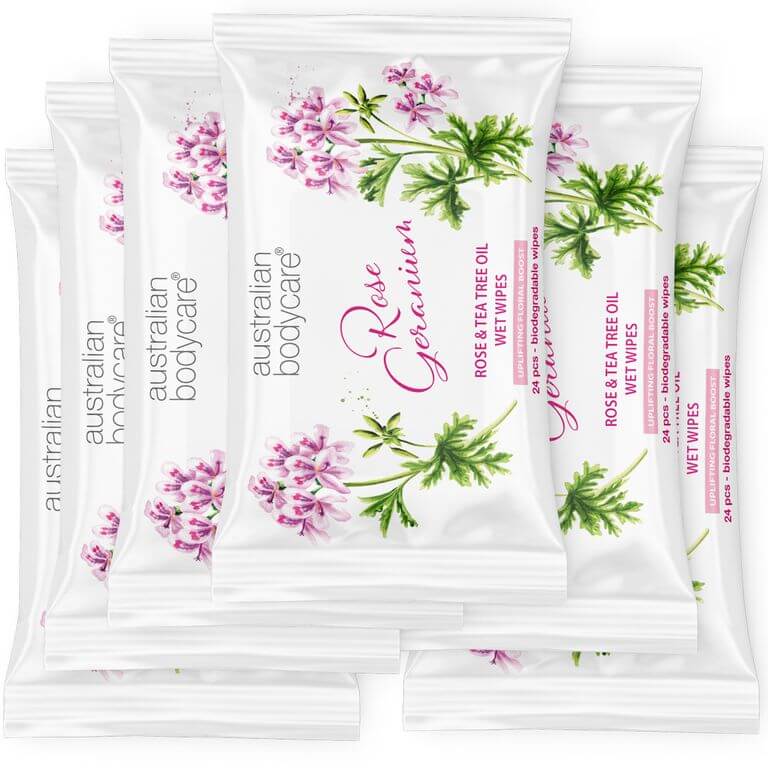 Wet wipes with Rose geranium & Tea Tree Oil for adults - Cleanses bacteria, makeup and dirt