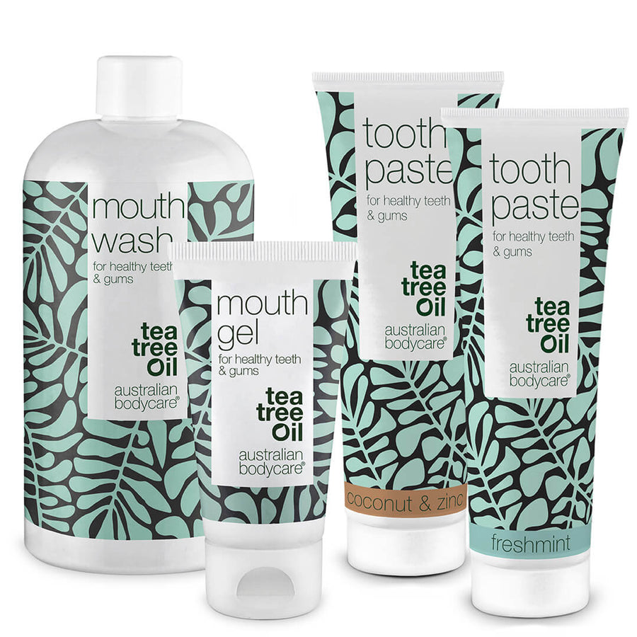 Mouth care kit with 4 products with Tea Tree Oil - For daily care of oral thrush, periodontal disease and gingivitis