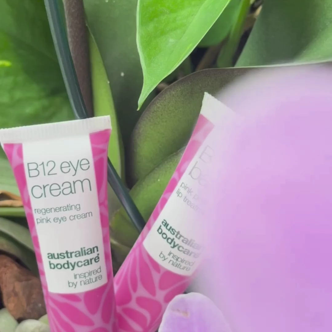 Video of a model gently dabbing our Vitamin B12 eye cream under her eyes, showing how it absorbs easily and helps care for the delicate eye area.