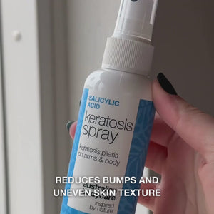 Keratosis Pilaris Spray for rough, dry skin and chicken skin. Contains salicylic acid, glycolic acid, glycerin and panthenol to smooth and hydrate.