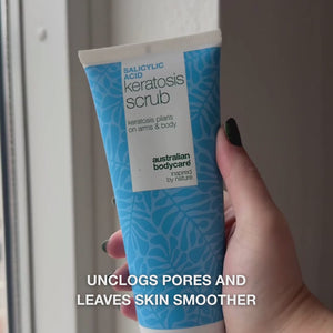 Keratosis Pilaris Body Scrub removes dead skin and reduces bumps. Smooths and hydrates with Salicylic Acid, Glycolic Acid, and Allantoin.