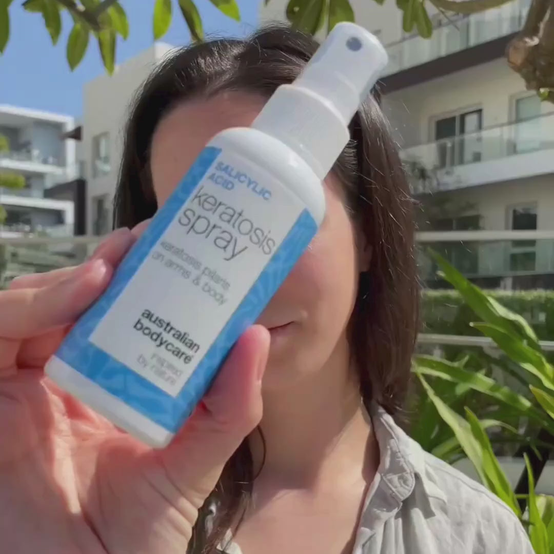 Keratosis Pilaris Spray for rough, dry skin and chicken skin. Contains salicylic acid, glycolic acid, glycerin and panthenol to smooth and hydrate.