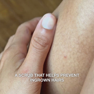 Video: a hand running over skin with small red bumps, with the text “a scrub that helps prevent ingrown hairs”. Salicylic Acid Pre-shave Scrub from Australian Bodycare.